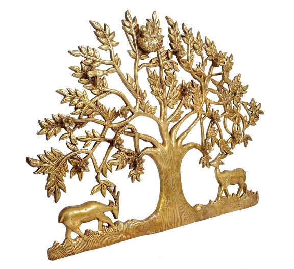 Tree of Life Wall Décor with Birds & Deer – Yellow Finish Root & Branch Design for Home Decoration