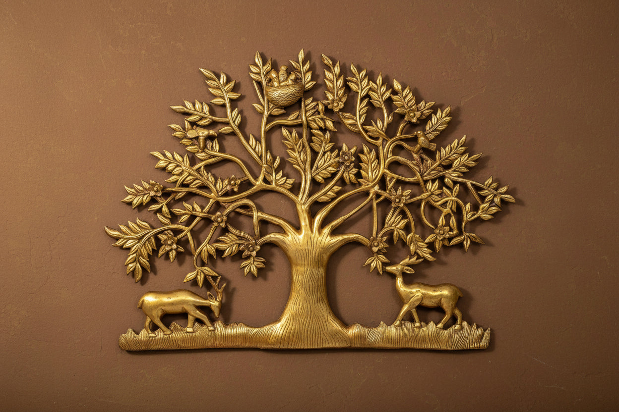 Tree of Life Wall Décor with Birds & Deer – Yellow Finish Root & Branch Design for Home Decoration