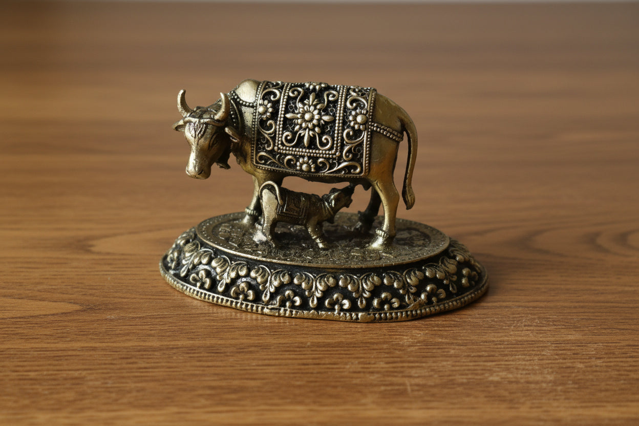 Brass Cow and Calf Idol – Symbol of Nurturing, Prosperity & Divine Blessings