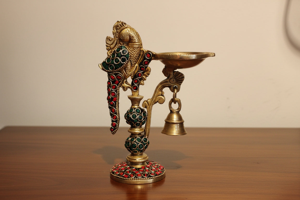 Set of 2 Brass Peacock Lamps with Stone Work – Elegant Home Temple Décor & Auspicious Gift