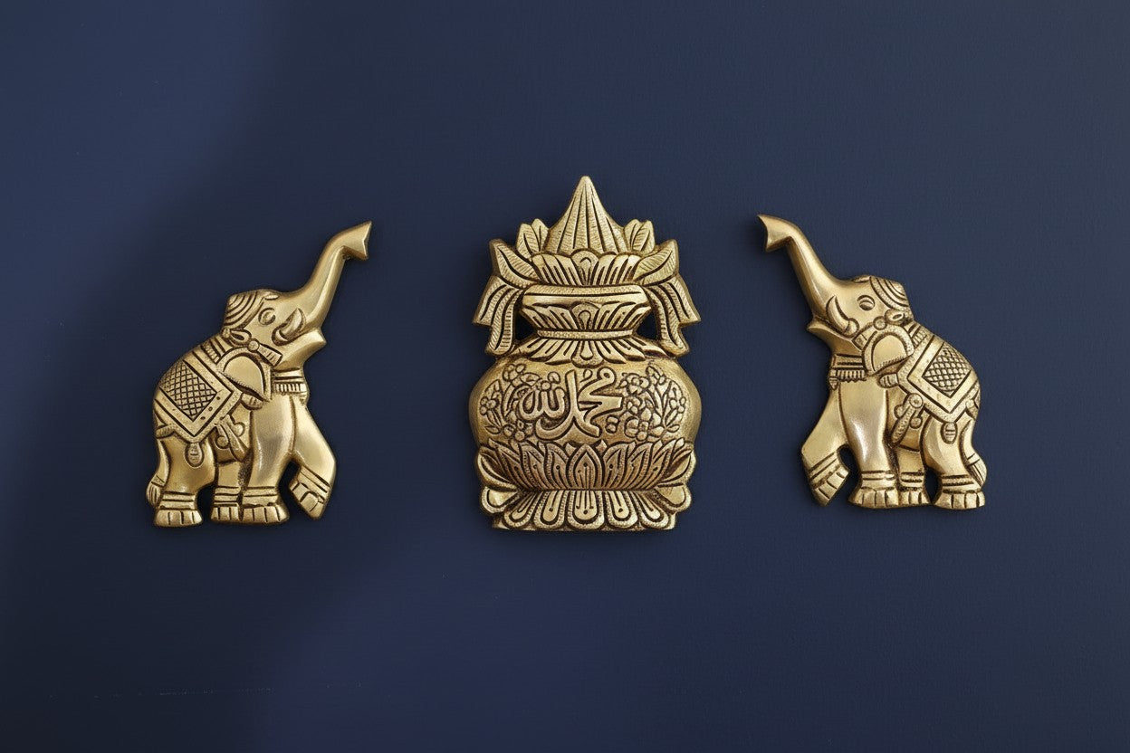 Brass Mangal Kalash with Elephant Wall Hanging Set – Traditional Hindu Decor