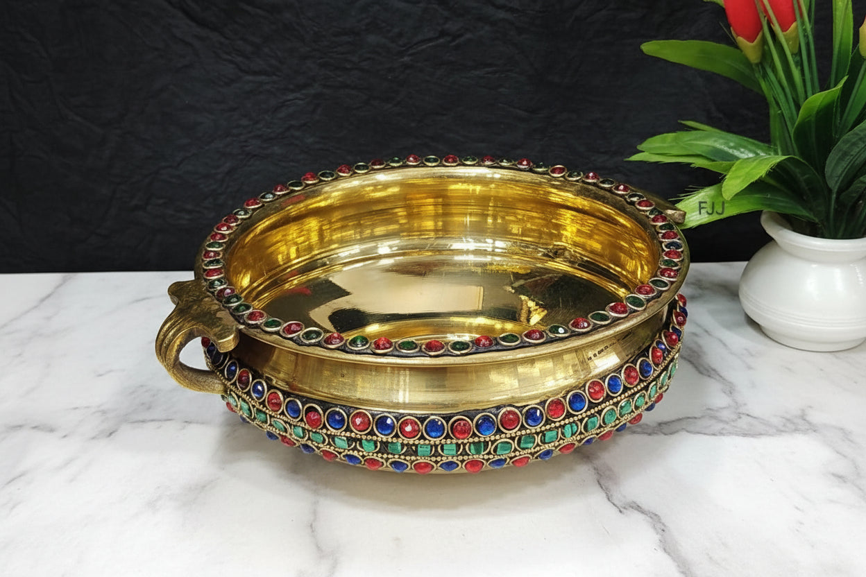 Brass Urli Bowl with Stone Work & Handles – Traditional Indian Décor, Festive Centerpiece, Handmade Brass Art