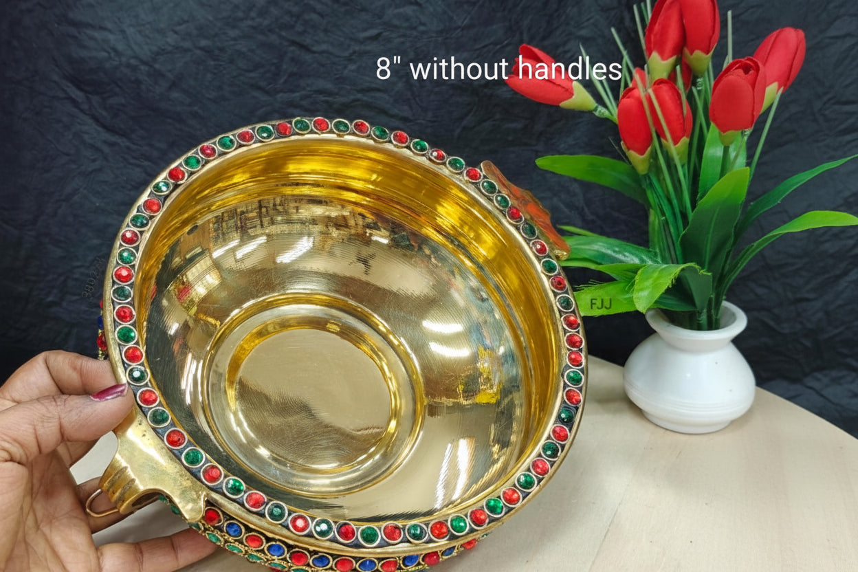 Brass Urli Bowl with Stone Work & Handles – Traditional Indian Décor, Festive Centerpiece, Handmade Brass Art