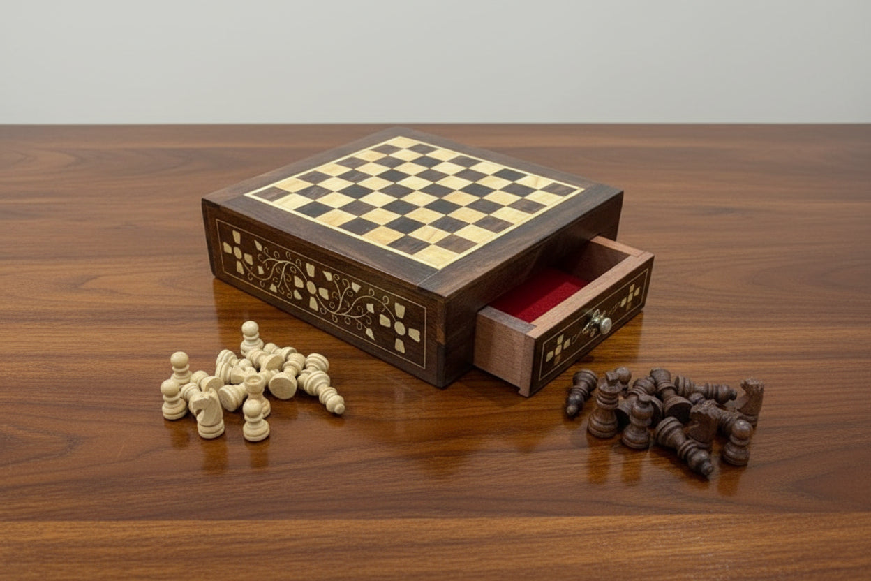 Sheesham wooden Brass Inlay Chess With Drawer