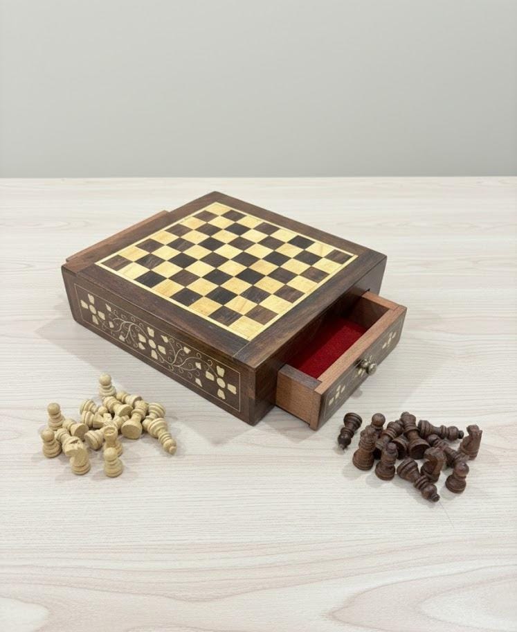 Sheesham wooden Brass Inlay Chess With Drawer