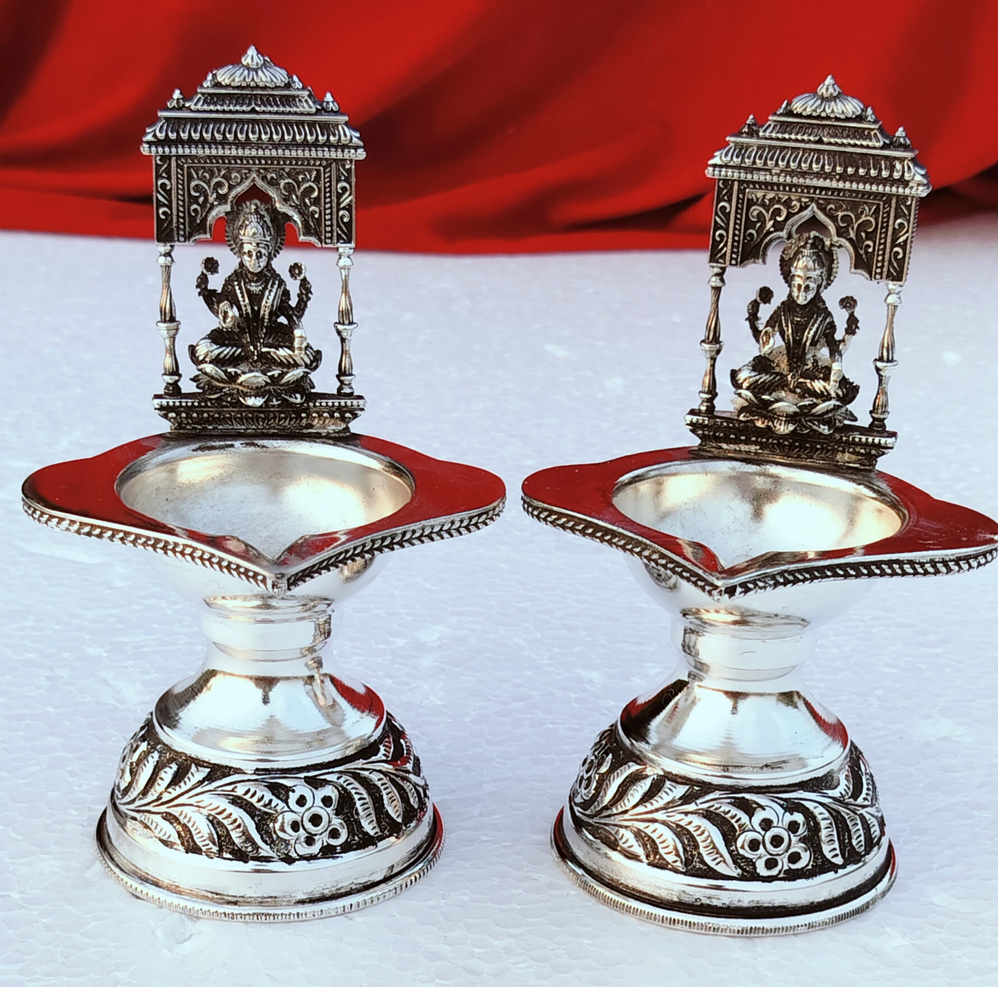 Antique finish Maha laxmi  diya pair with pure silver antique finish for diwali