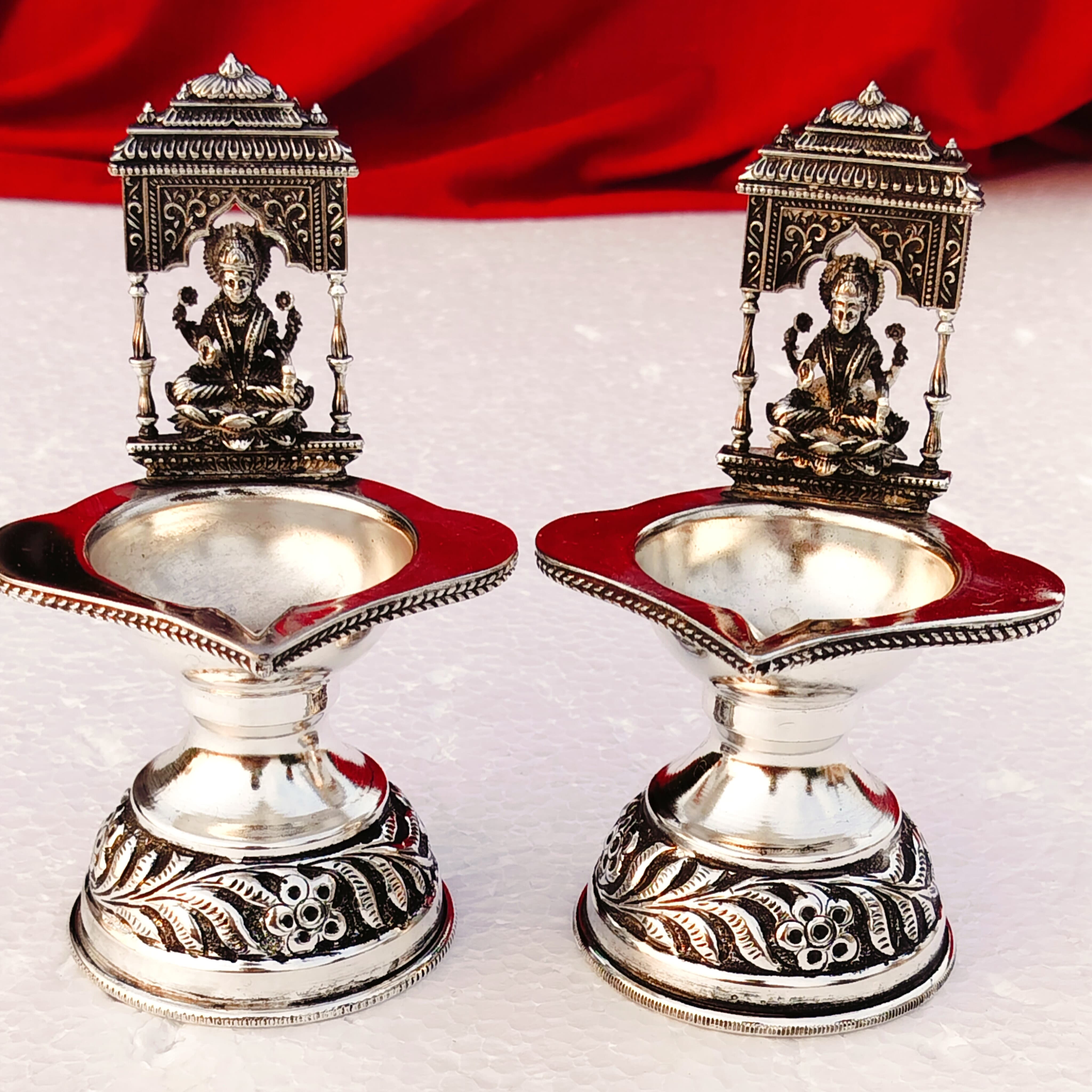 Antique finish Maha laxmi  diya pair with pure silver antique finish for diwali