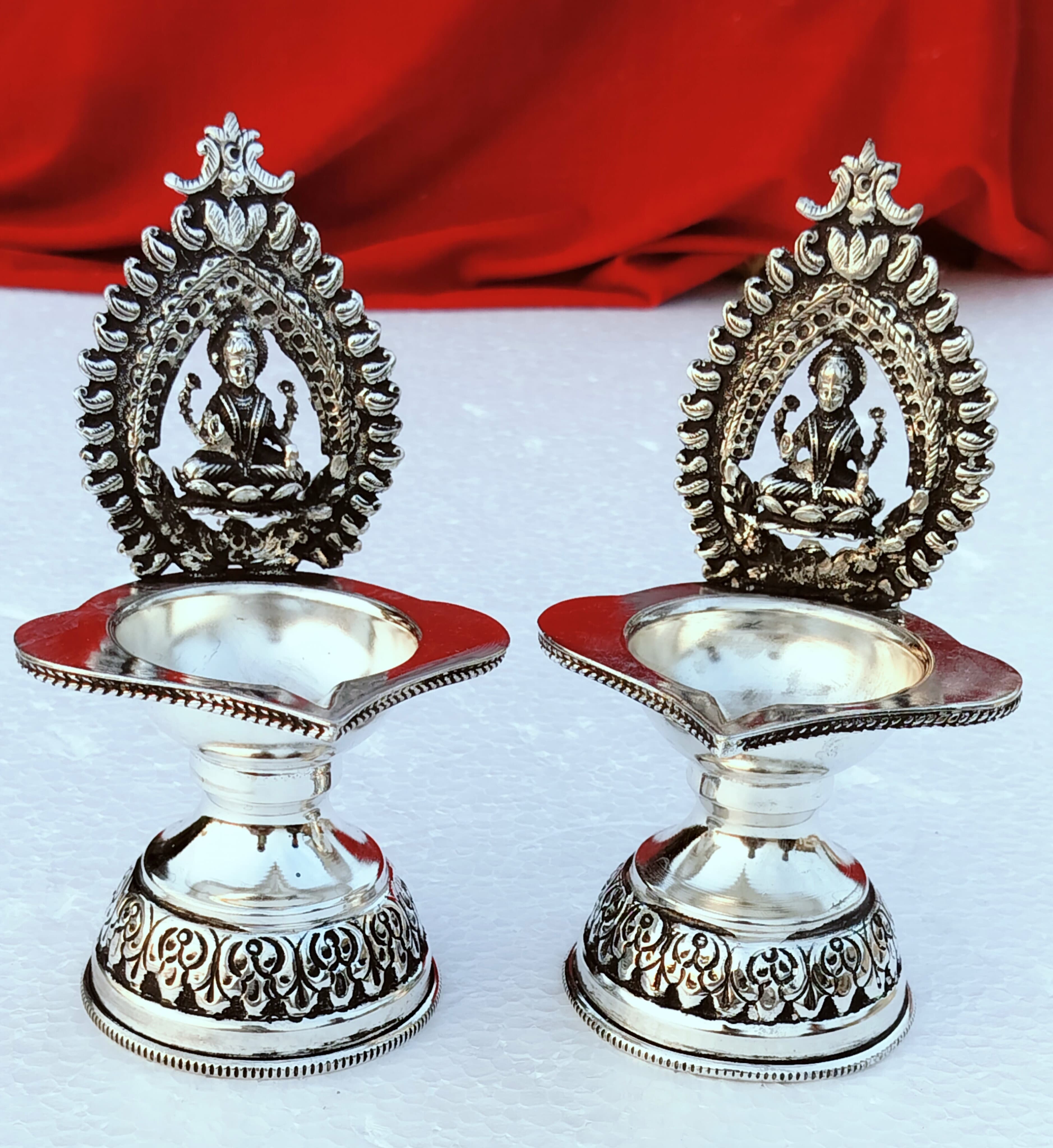 german silver Maha laxmi  diya pair with pure silver antique finish for diwali/ housewarming