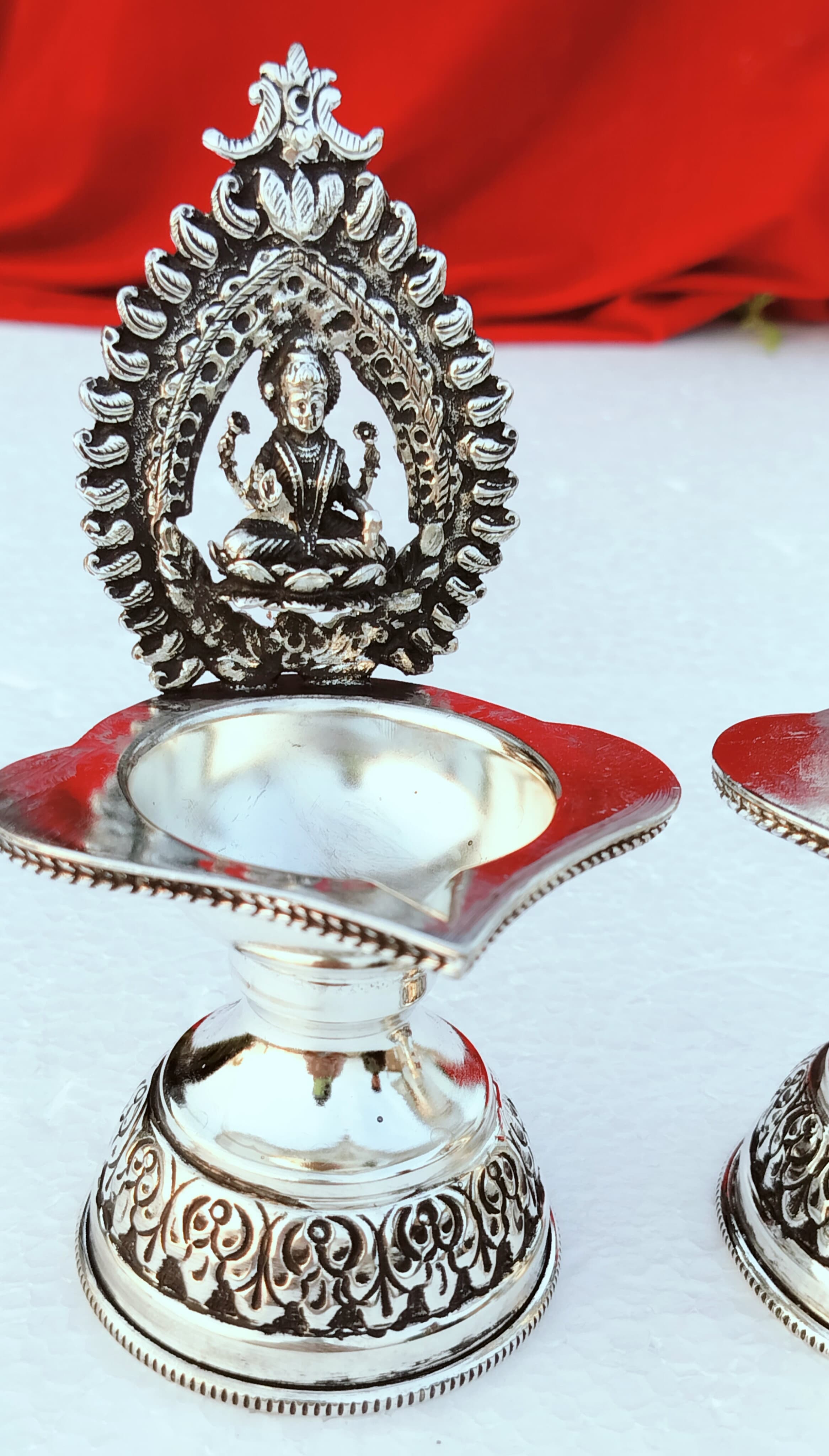 german silver Maha laxmi  diya pair with pure silver antique finish for diwali/ housewarming