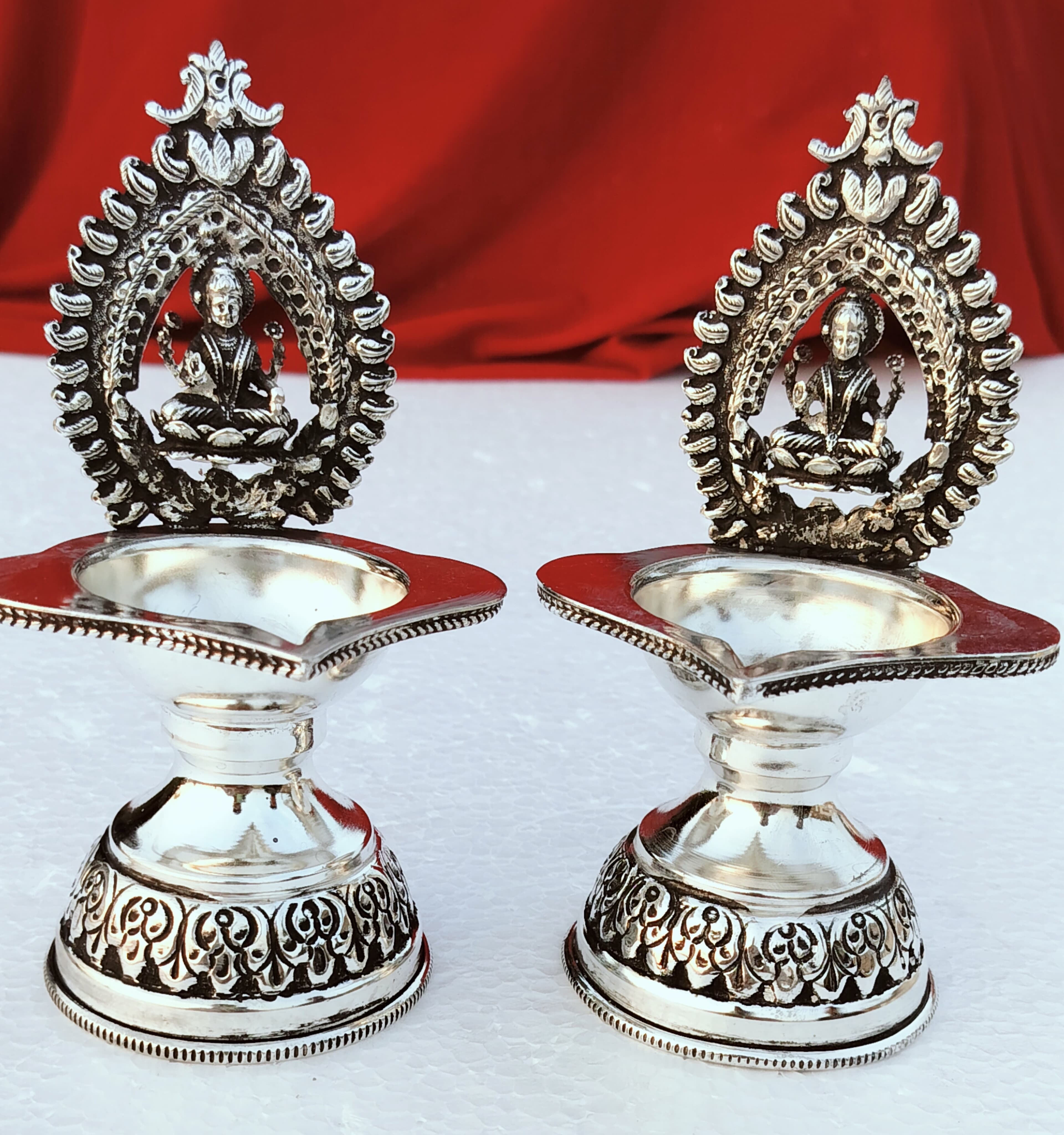 german silver Maha laxmi  diya pair with pure silver antique finish for diwali/ housewarming