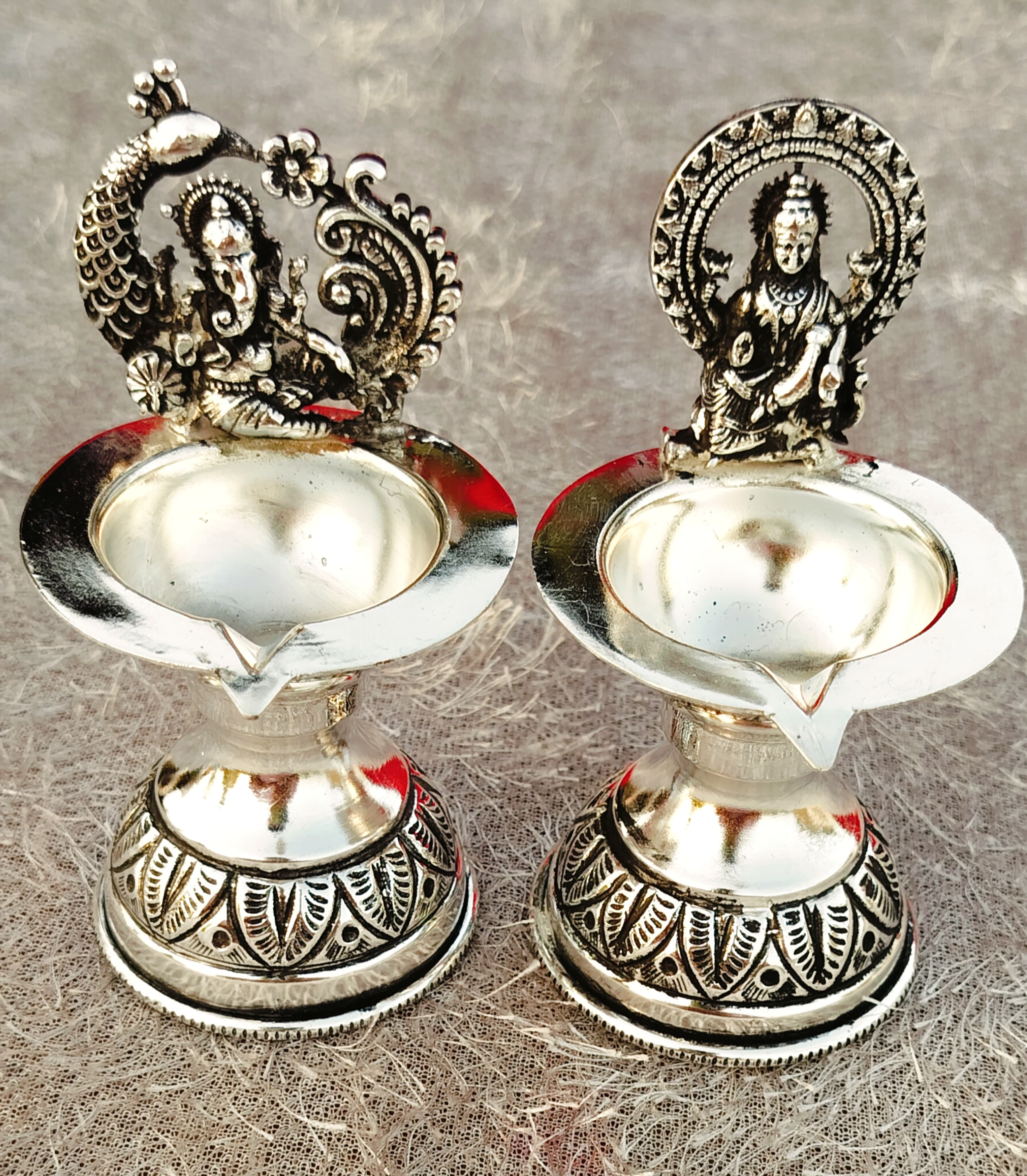 german silver  laxmi ganesh diya pair with pure silver antique finish for diwali/ housewarming