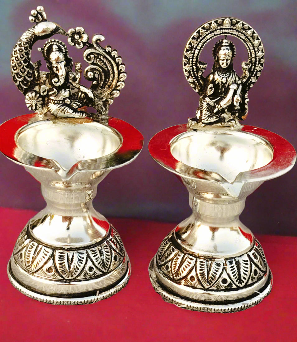 german silver  laxmi ganesh diya pair with pure silver antique finish for diwali/ housewarming