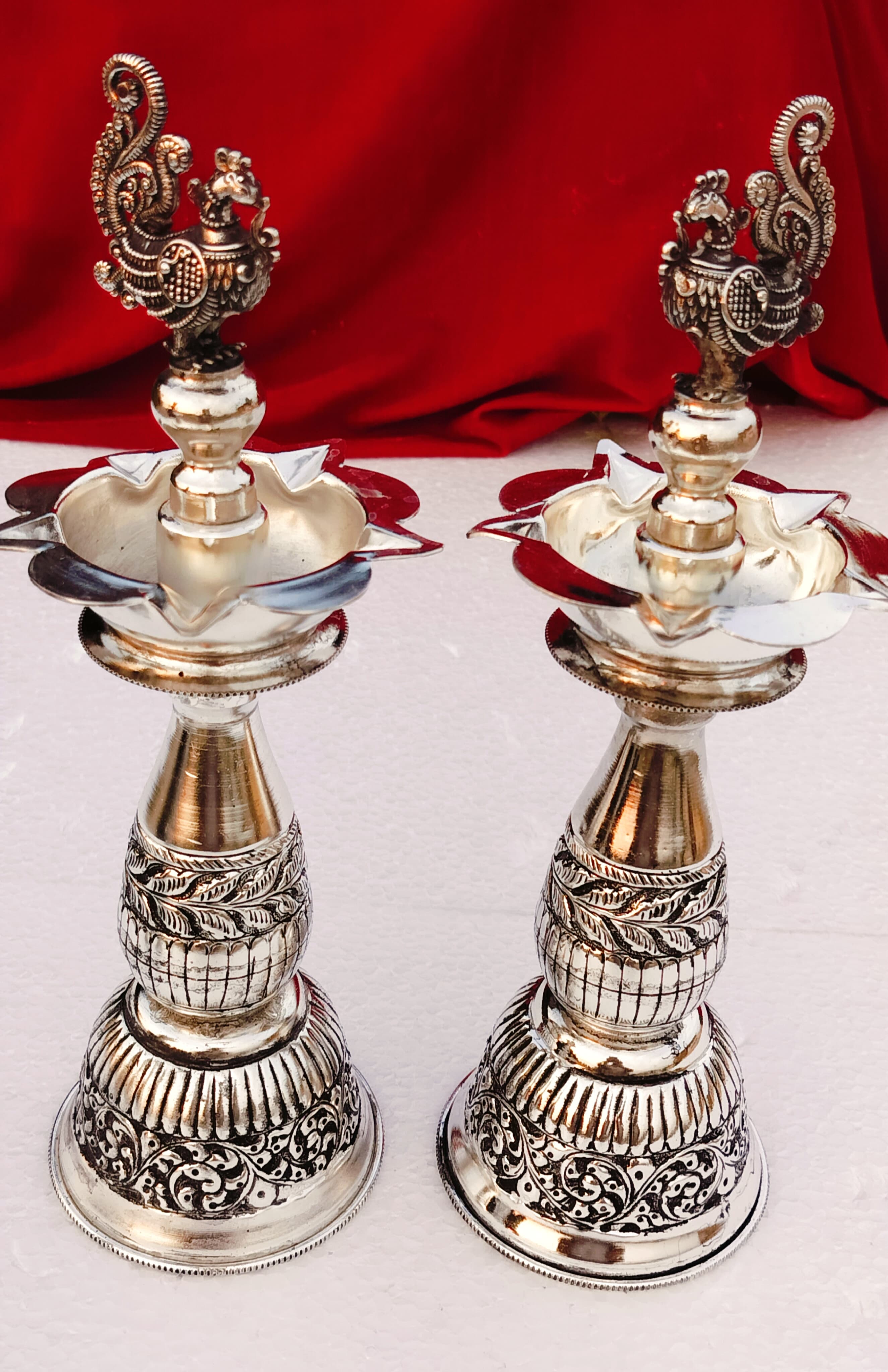 german silver antique finish peacock diya for housewarming/ diwali , 12"