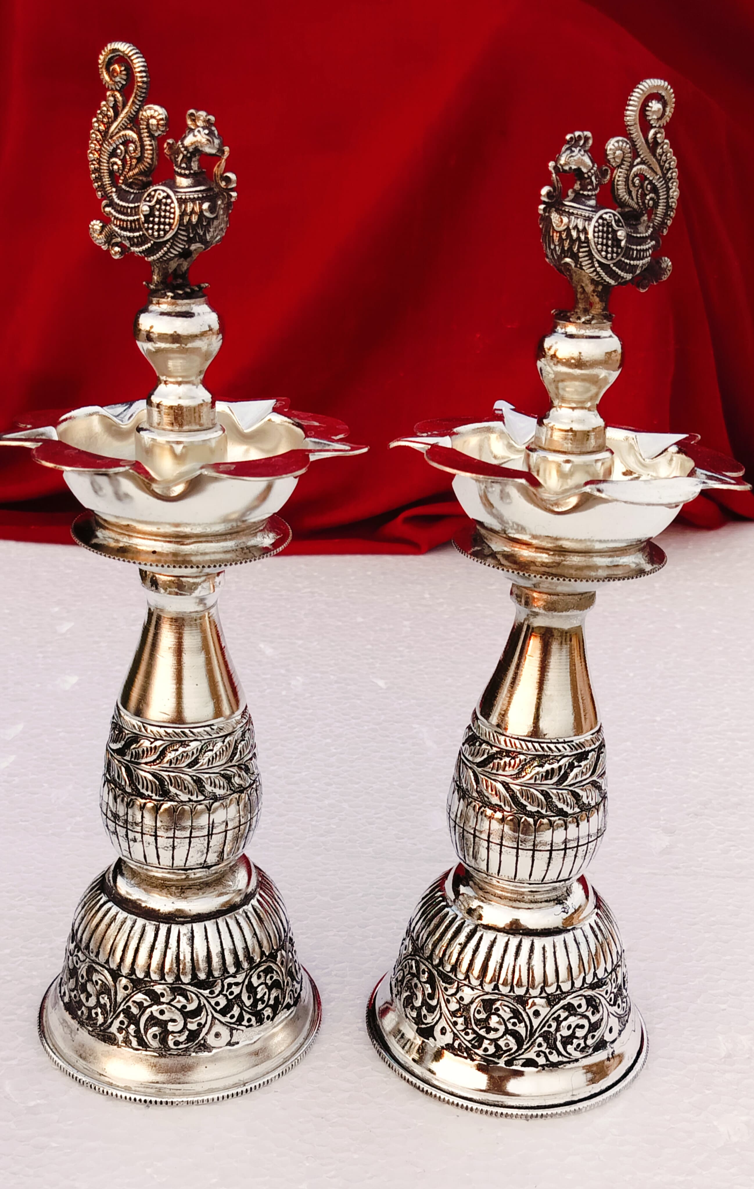 german silver antique finish peacock diya for housewarming/ diwali , 12"