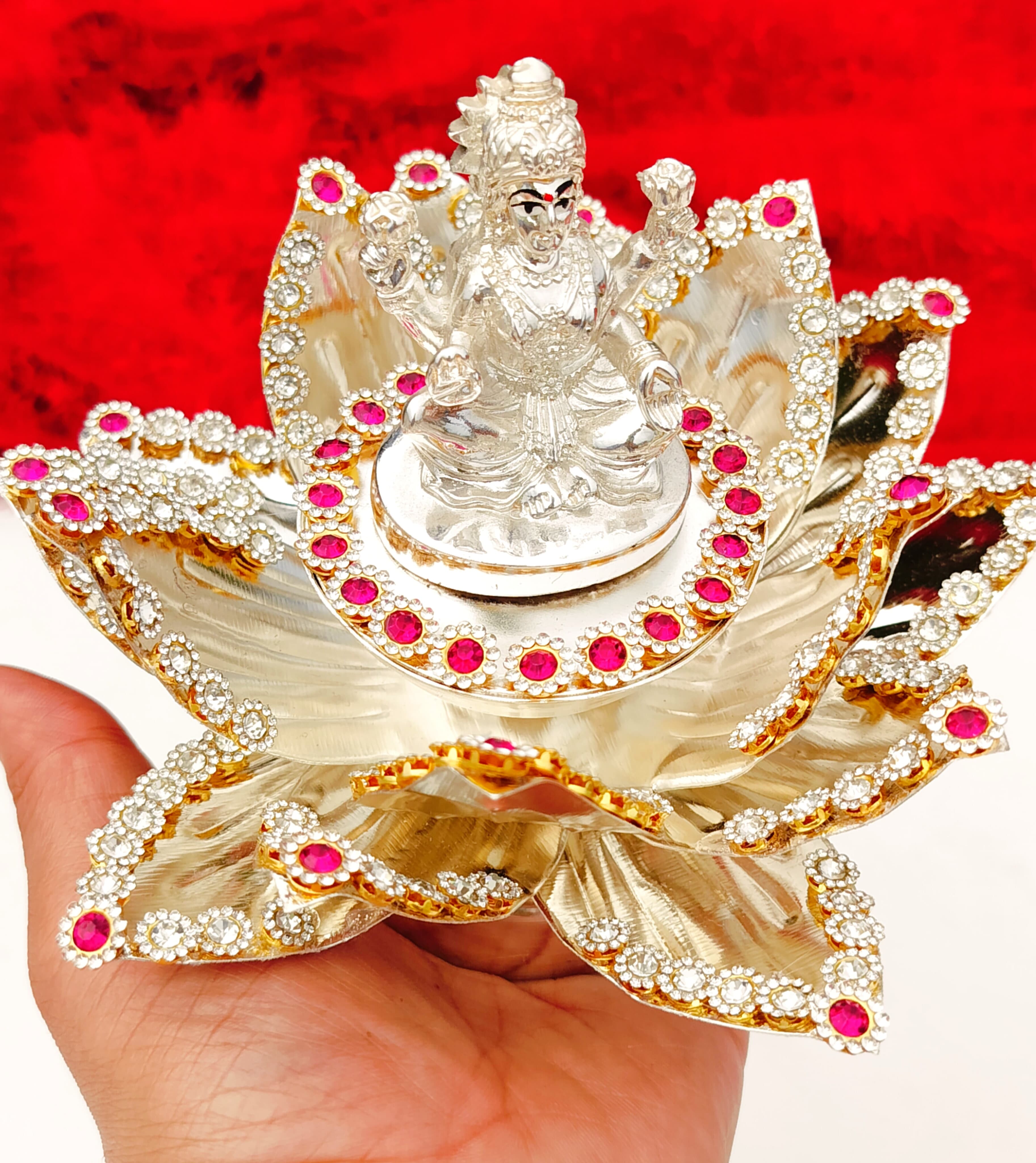 German silver lotus  singhasan for goddess Lakshmi with stone work and idol