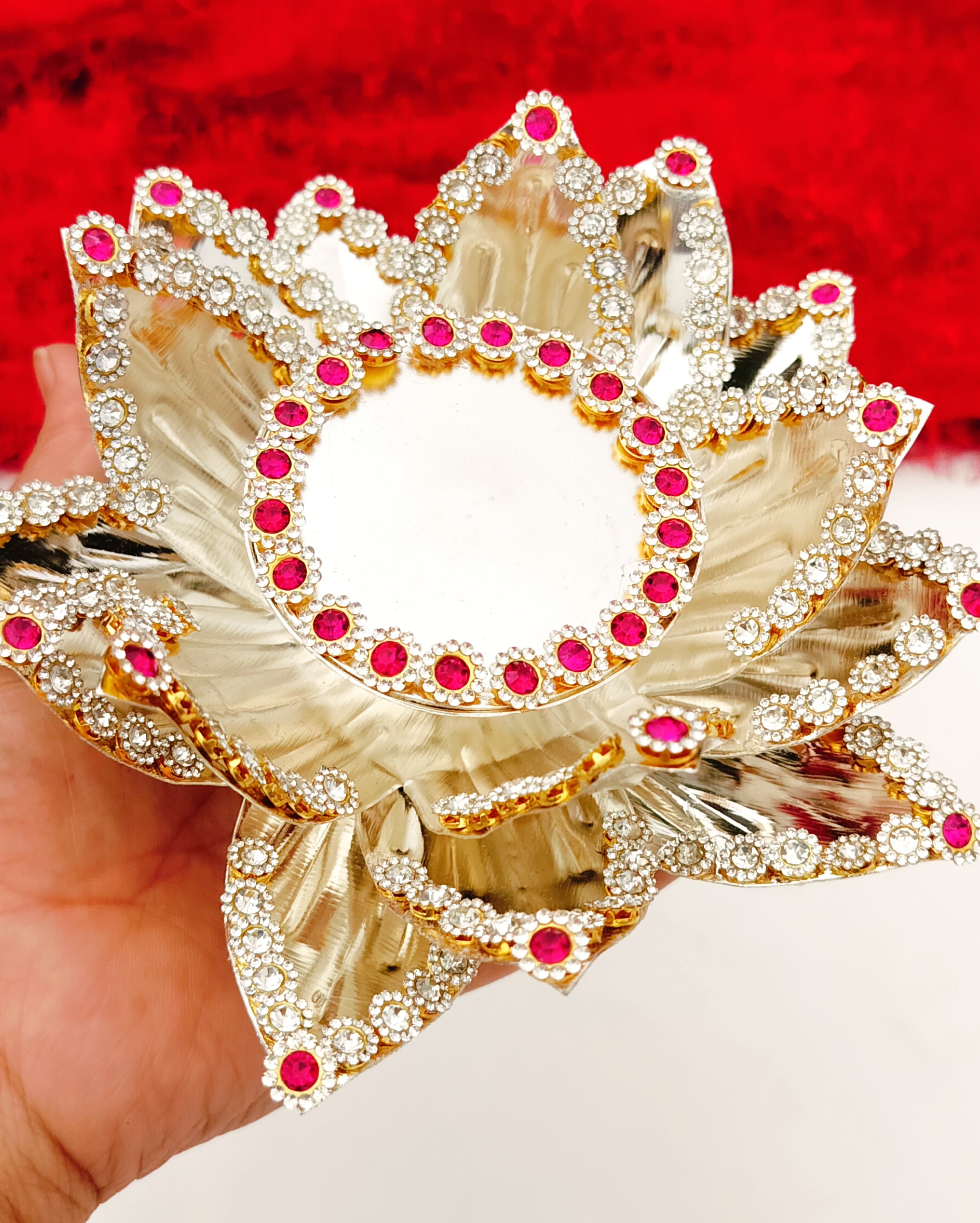 German silver lotus  singhasan for goddess Lakshmi with stone work and idol