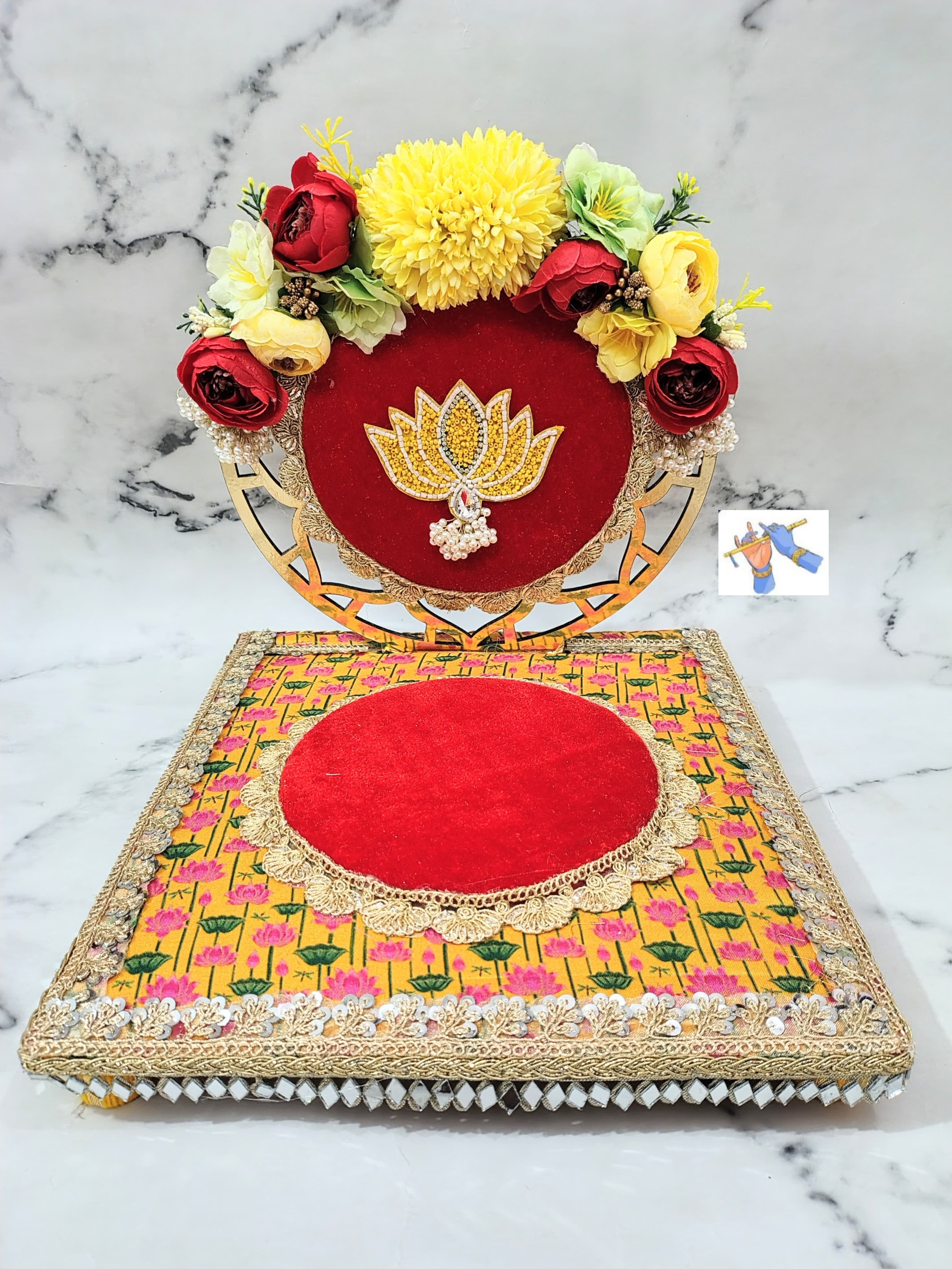 wooden Foldable singhasan for your Mandir Ganpati or laddu gopal, red and yellow