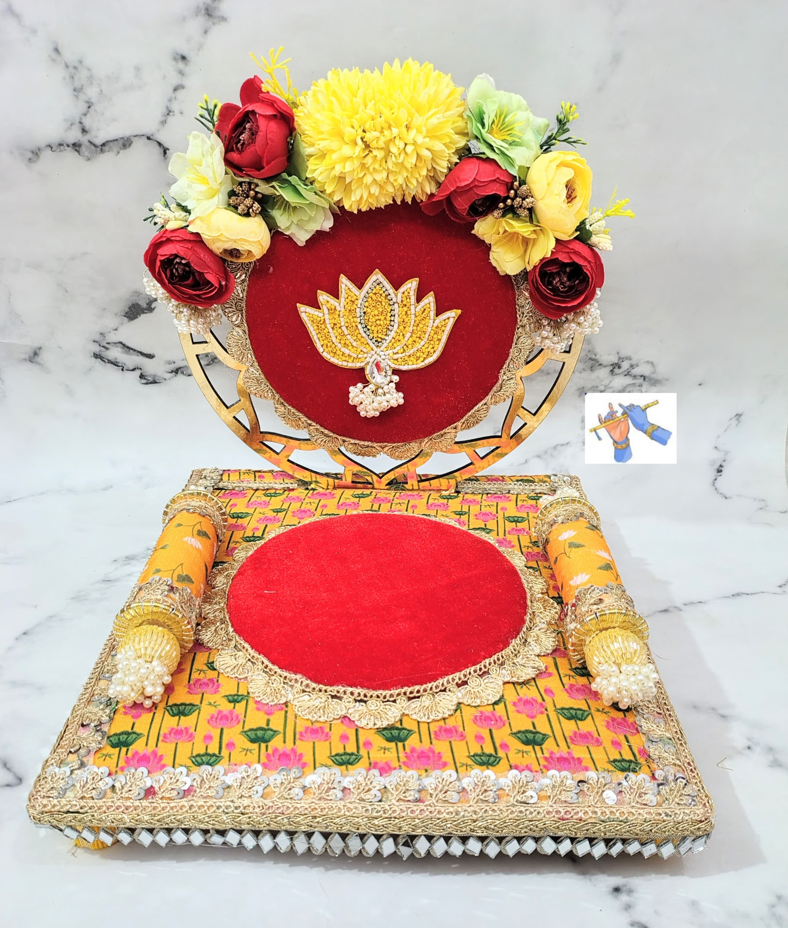 wooden Foldable singhasan for your Mandir Ganpati or laddu gopal, red and yellow