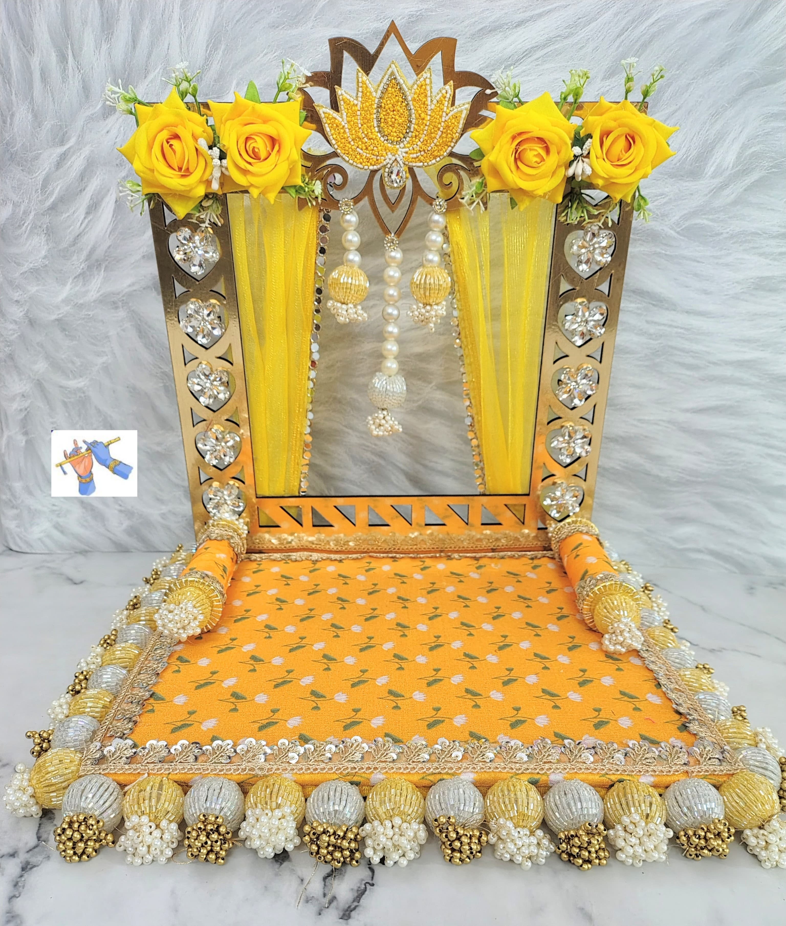 wooden Foldable lotus singhasan for your Mandir Ganpati or laddu gopal, yellow