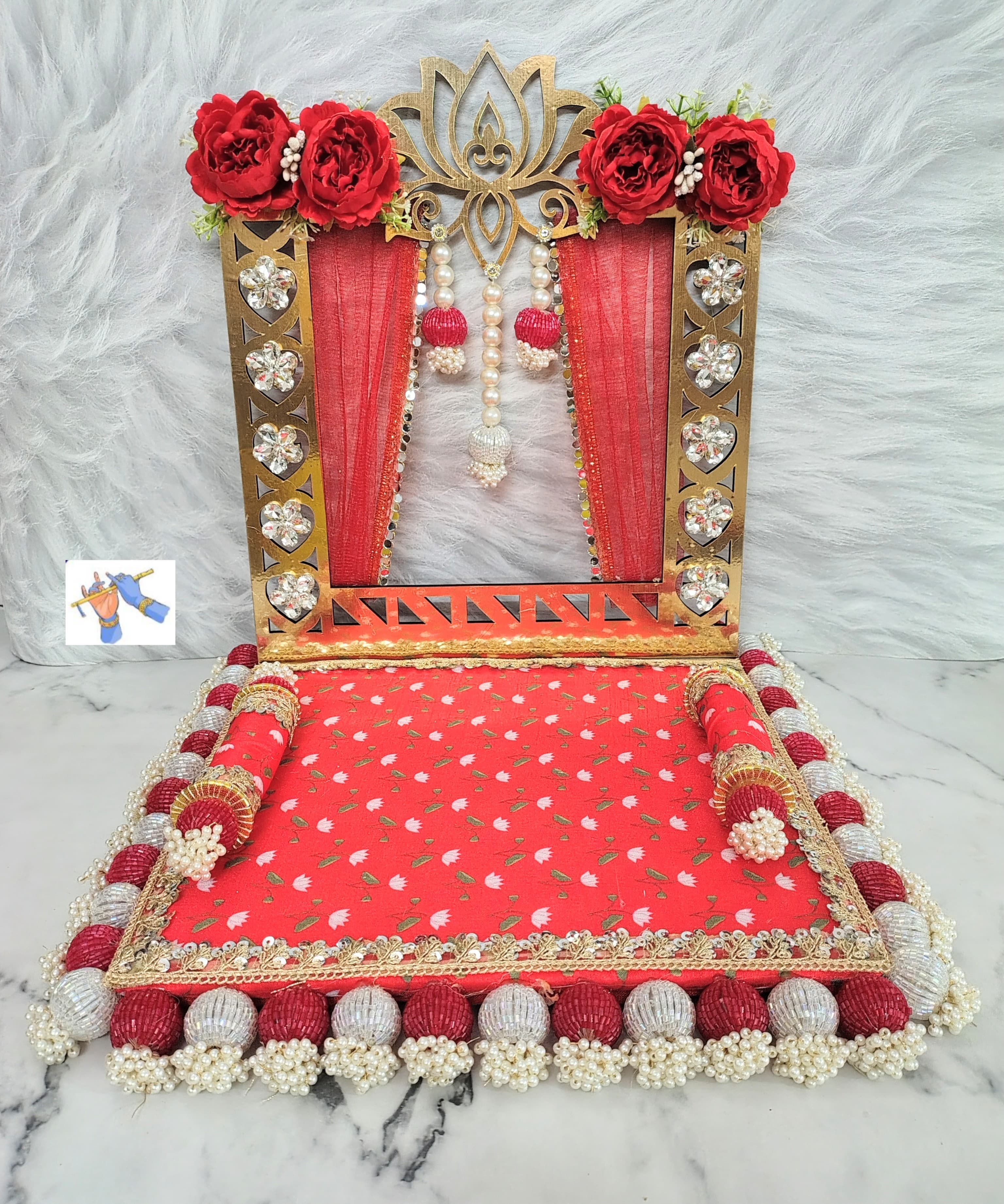 wooden Foldable lotus singhasan for your Mandir Ganpati or laddu gopal, red
