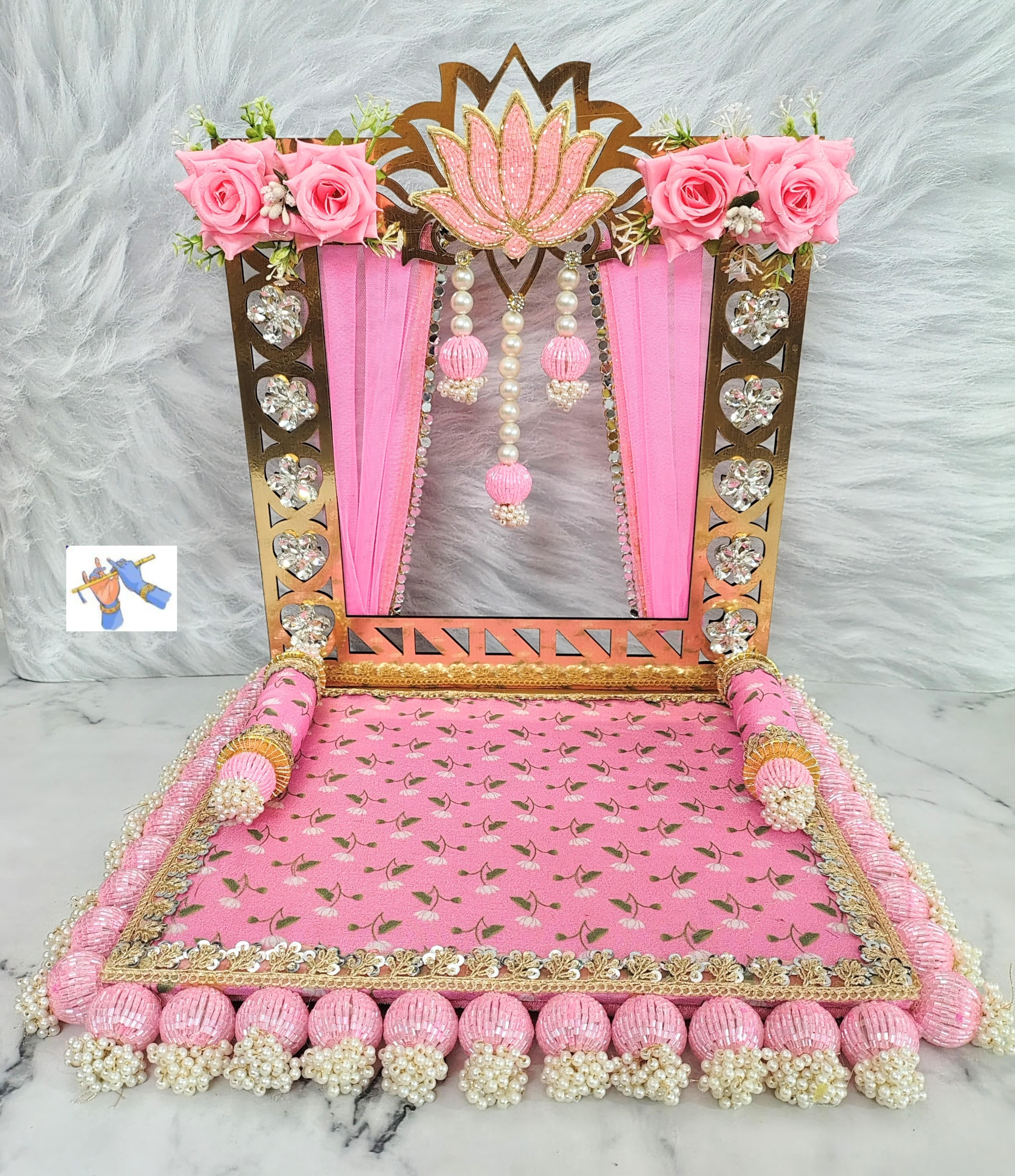 wooden Foldable lotus singhasan for your Mandir Ganpati or laddu gopal, pink