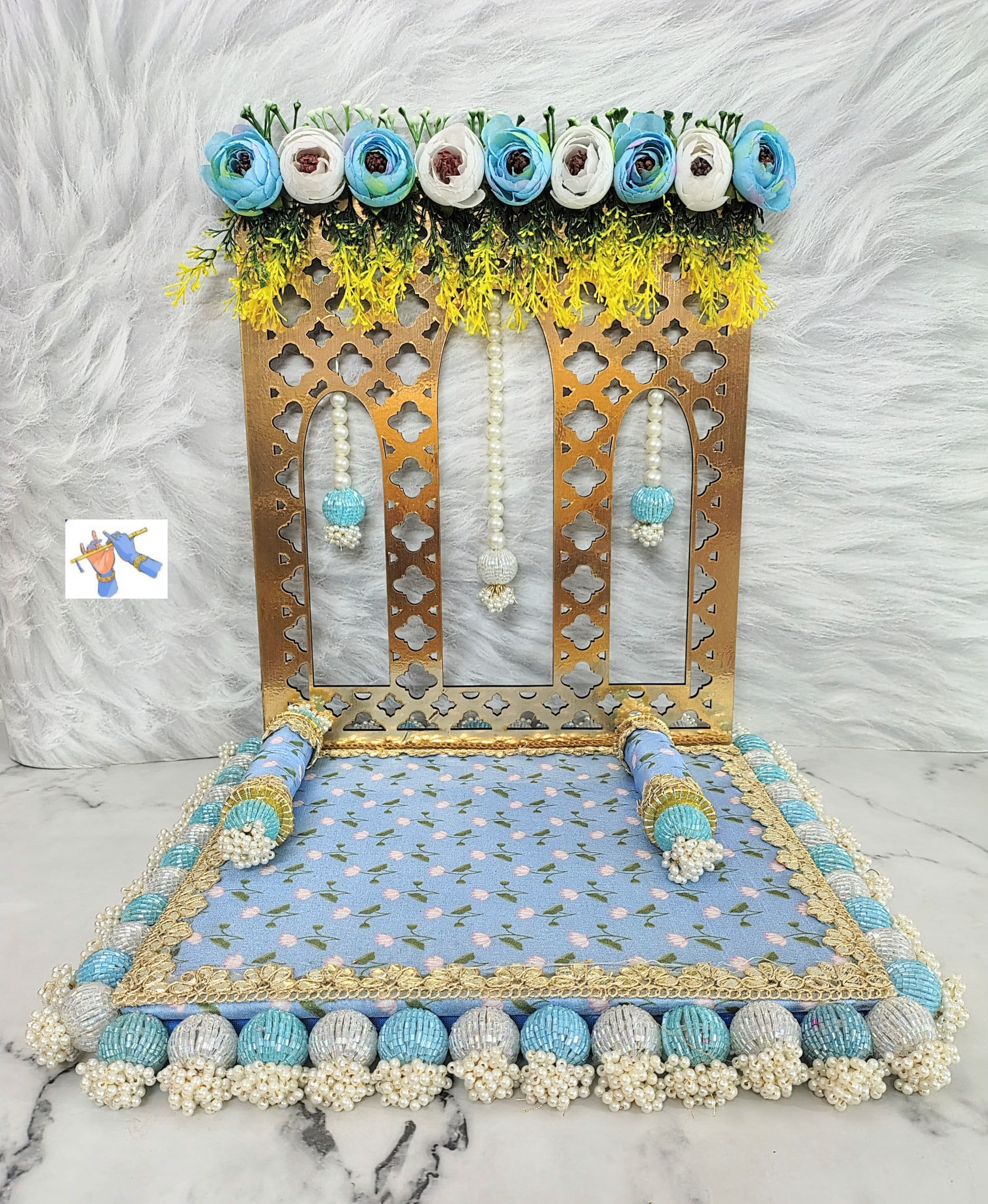 wooden Foldable rose singhasan for your Mandir Ganpati or laddu gopal, blue