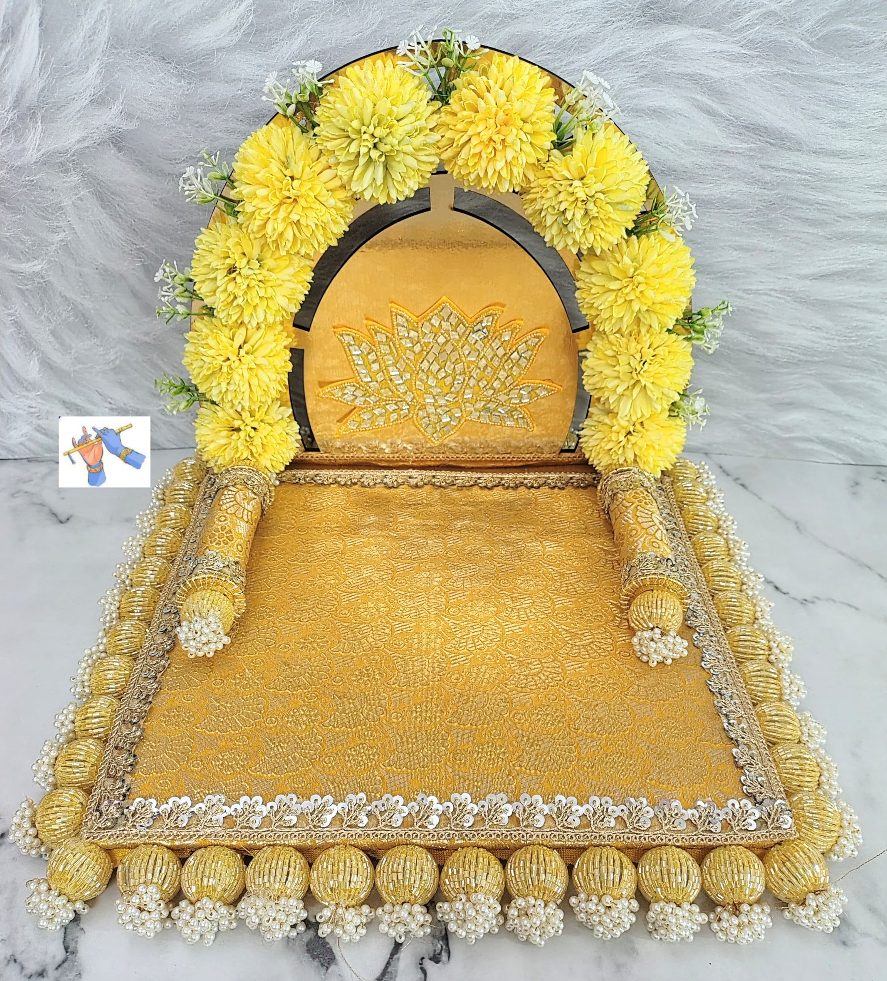 wooden Floral Arc lotus design Singhasan for laddu gopal, yellow