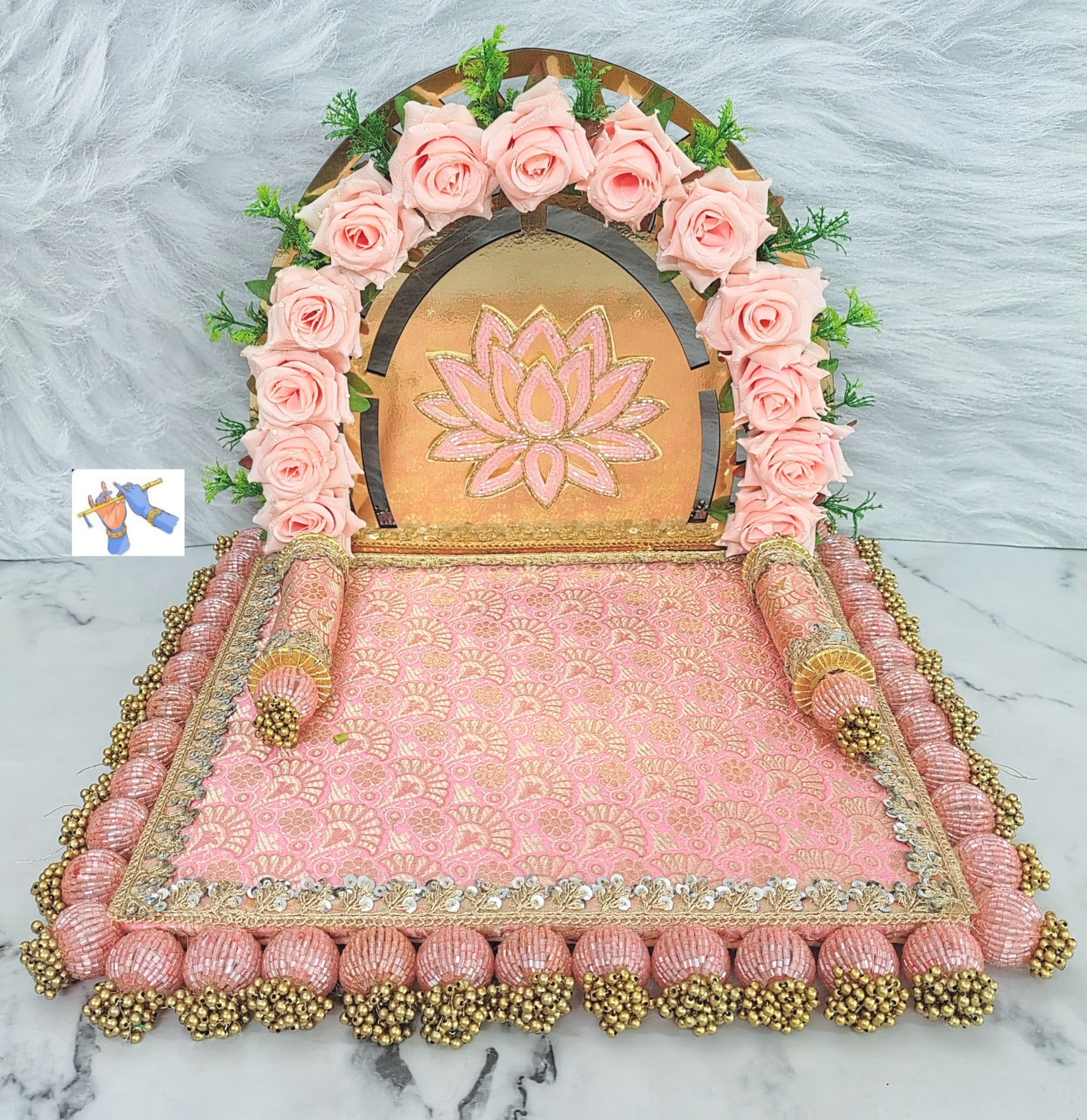 wooden Floral Arc lotus design Singhasan for laddu gopal, pink