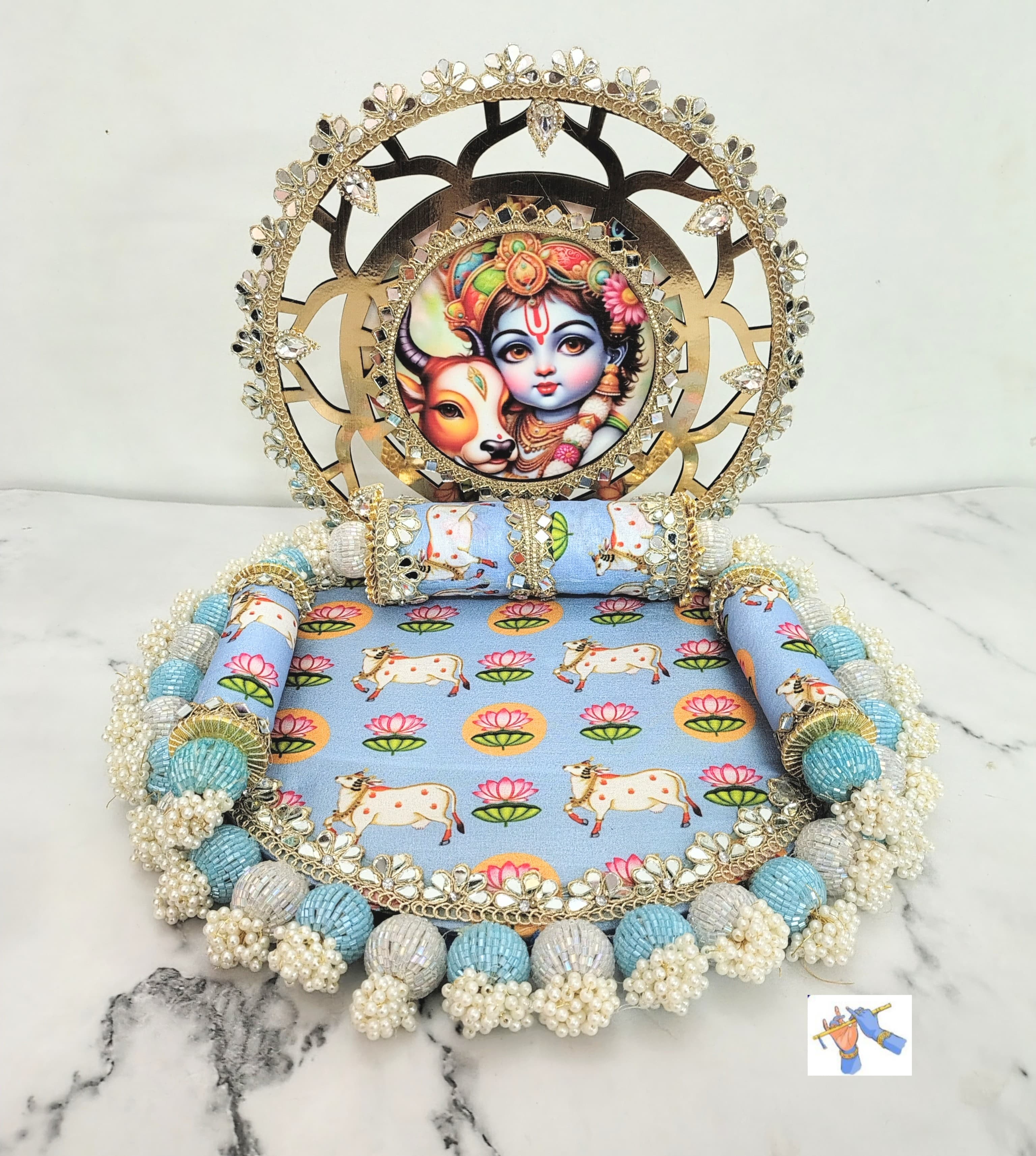 wooden blue color kahna singhasan for janmashtami festival