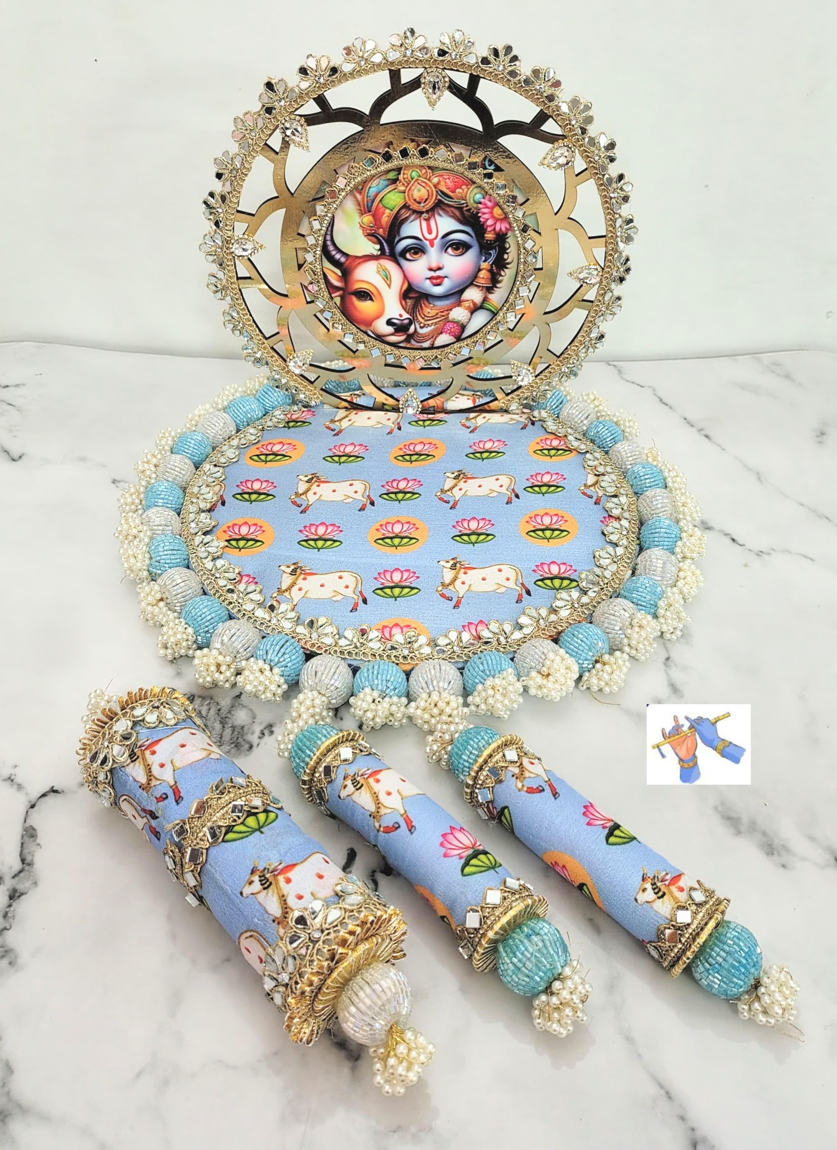 wooden blue color kahna singhasan for janmashtami festival