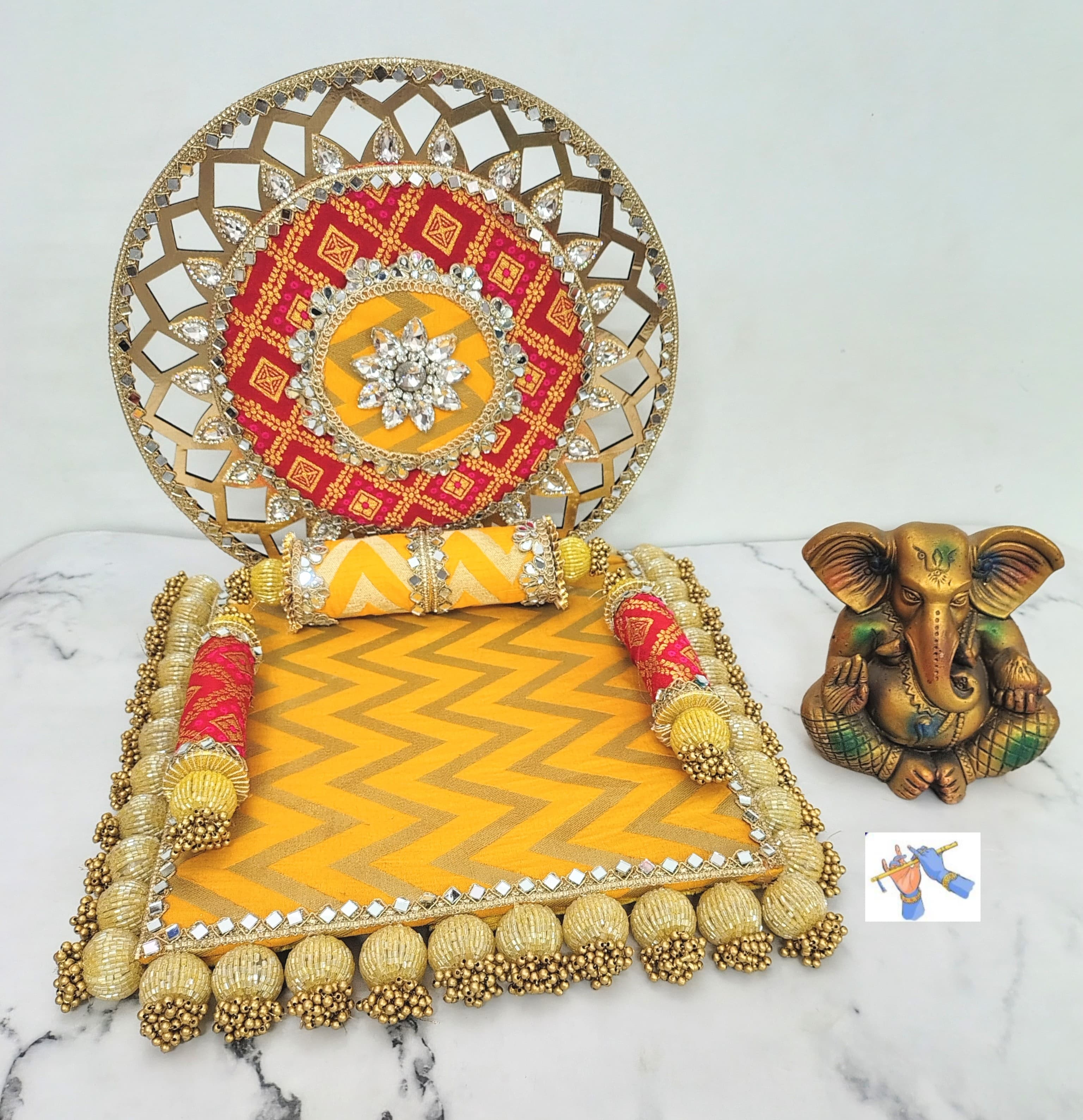 wooden round yellow and red singhasan  for laddu gopal