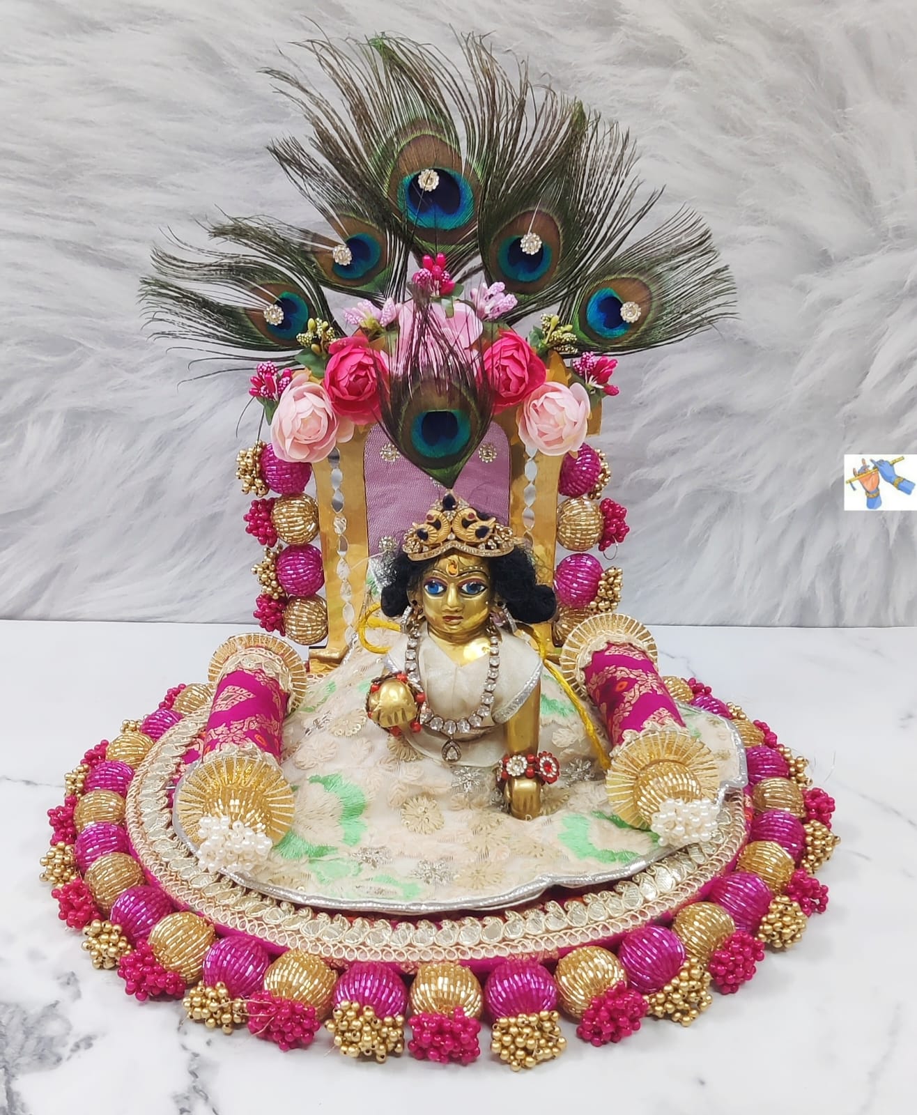 wooden Laddu gopal ji or Ganeshji Foldable singhasan for your Mandir or home Décor, pink