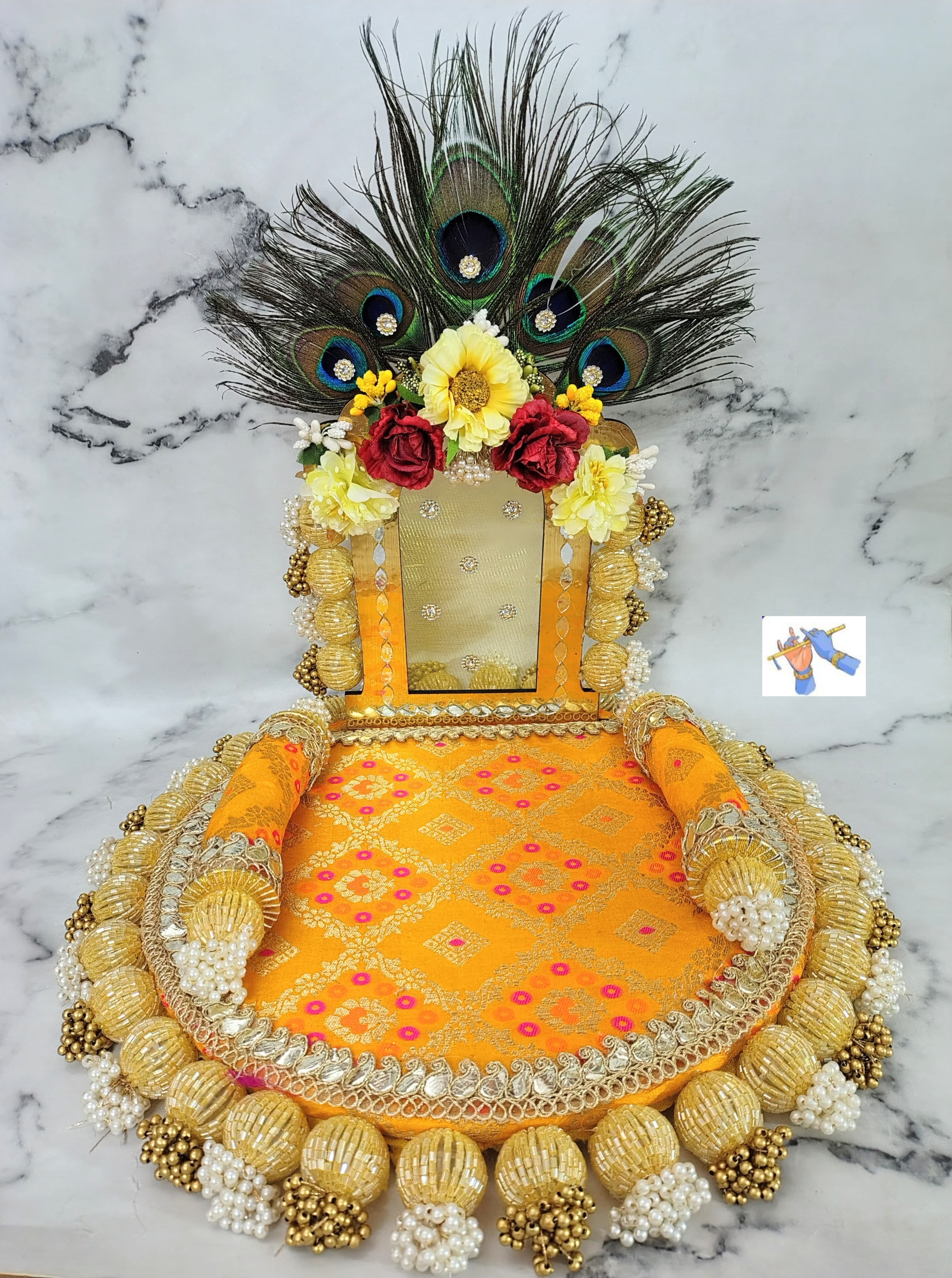 wooden Laddu gopal ji or Ganeshji Foldable singhasan for your Mandir or home Décor, yellow