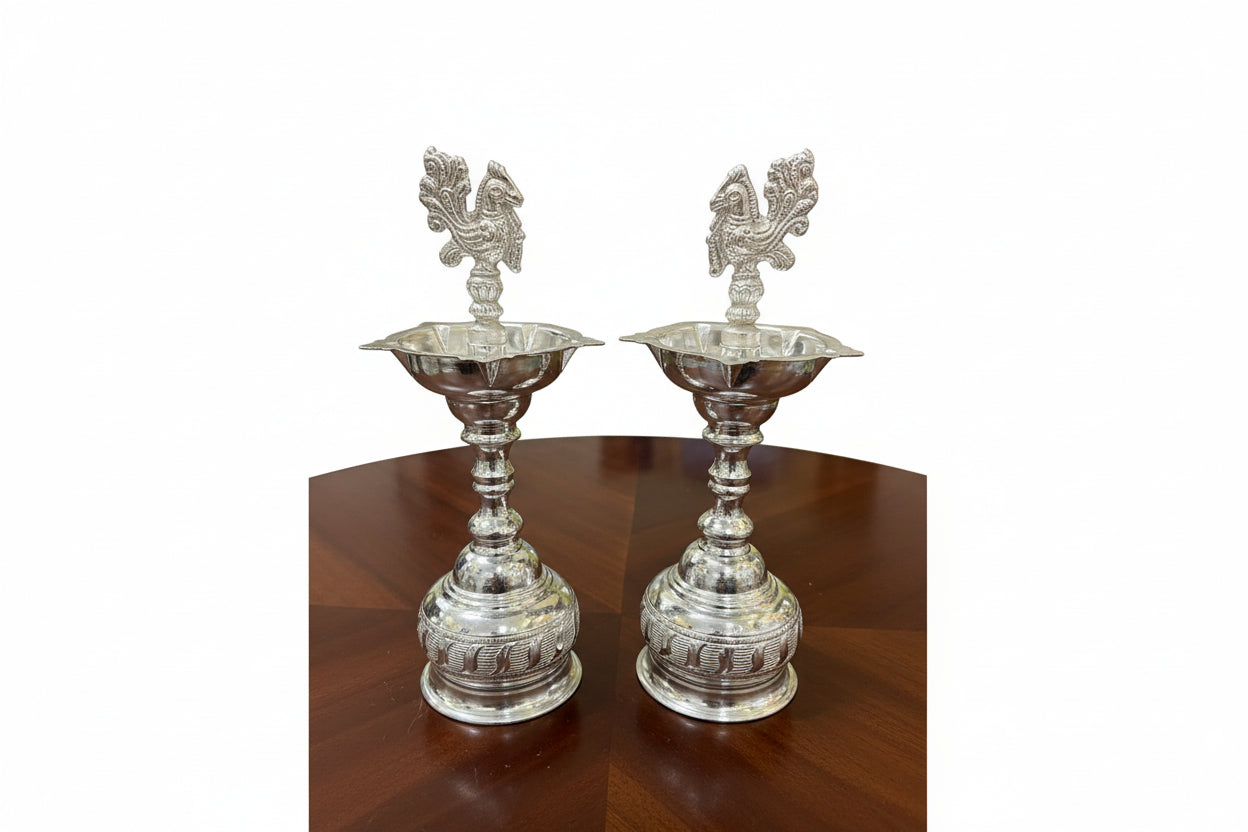German Silver Peacock Diya Set – Elegant Housewarming & Pooja Gift
