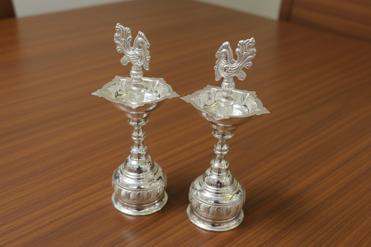 German Silver Peacock Diya Set – Elegant Housewarming & Pooja Gift