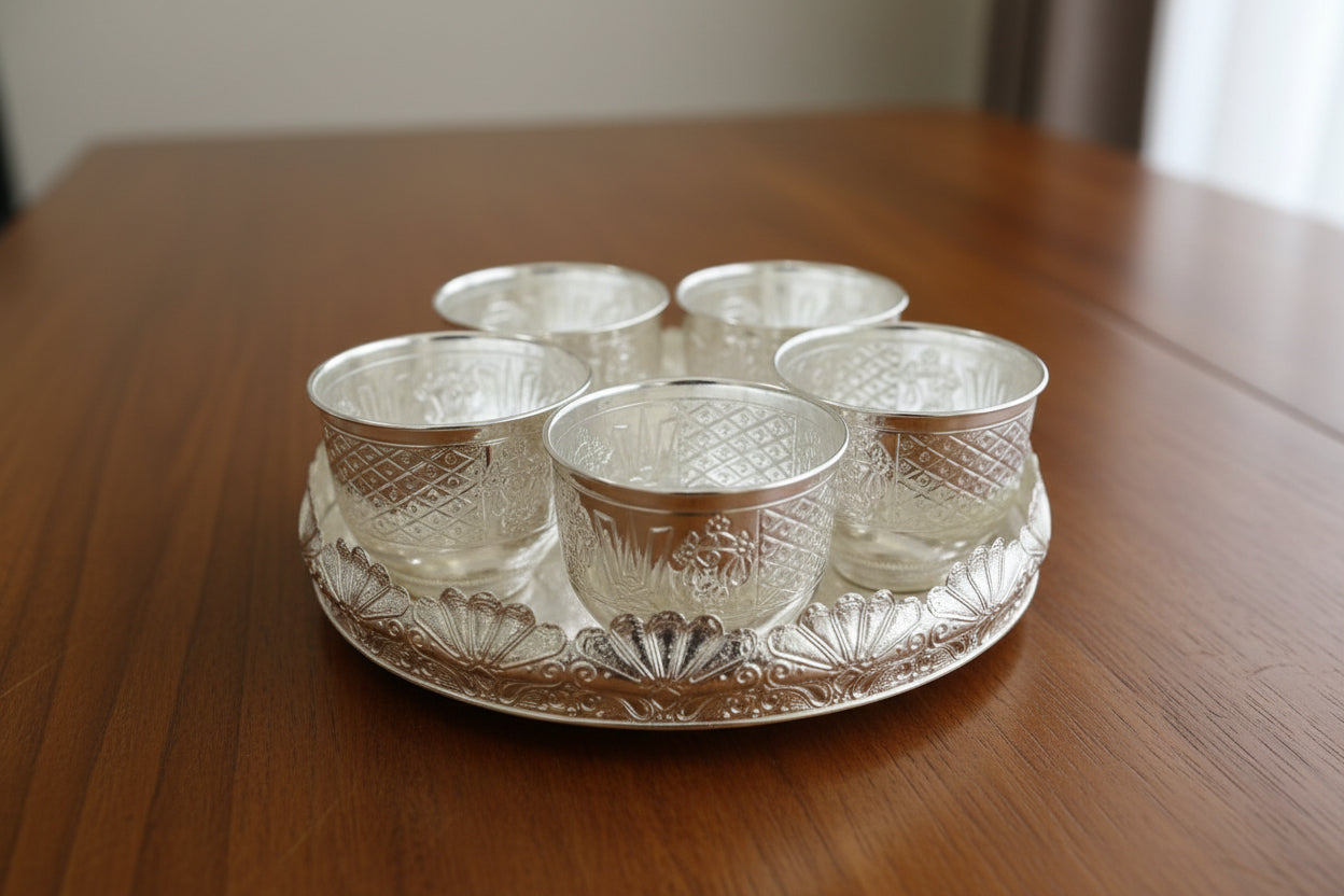 German Silver Tray with Bowls Set – Elegant Gift, Snacks Serving & Pooja Décor