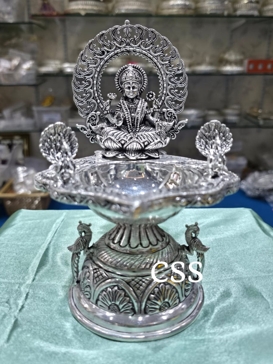 German Silver Lakshmi Diya with Peacock – 8" Big Size, Housewarming Pooja & Gift Item