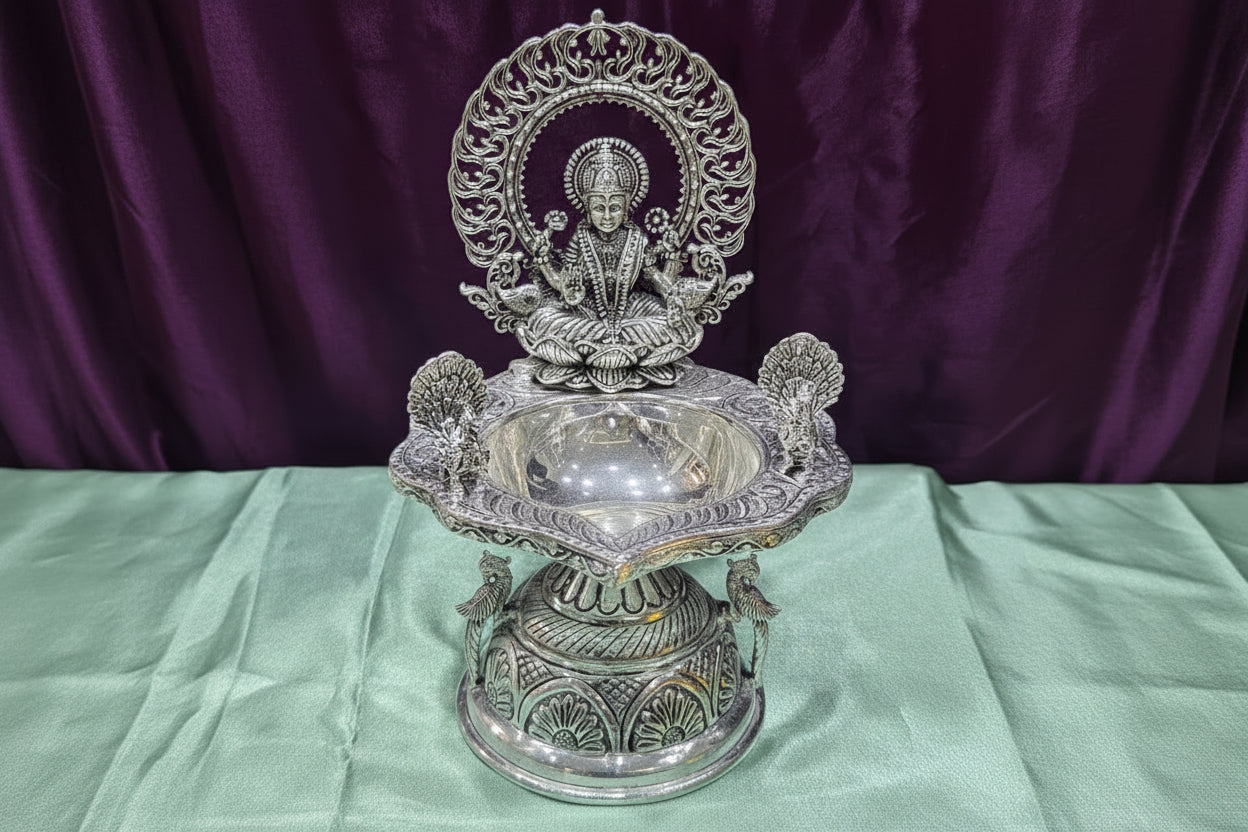 German Silver Lakshmi Diya with Peacock – 8" Big Size, Housewarming Pooja & Gift Item