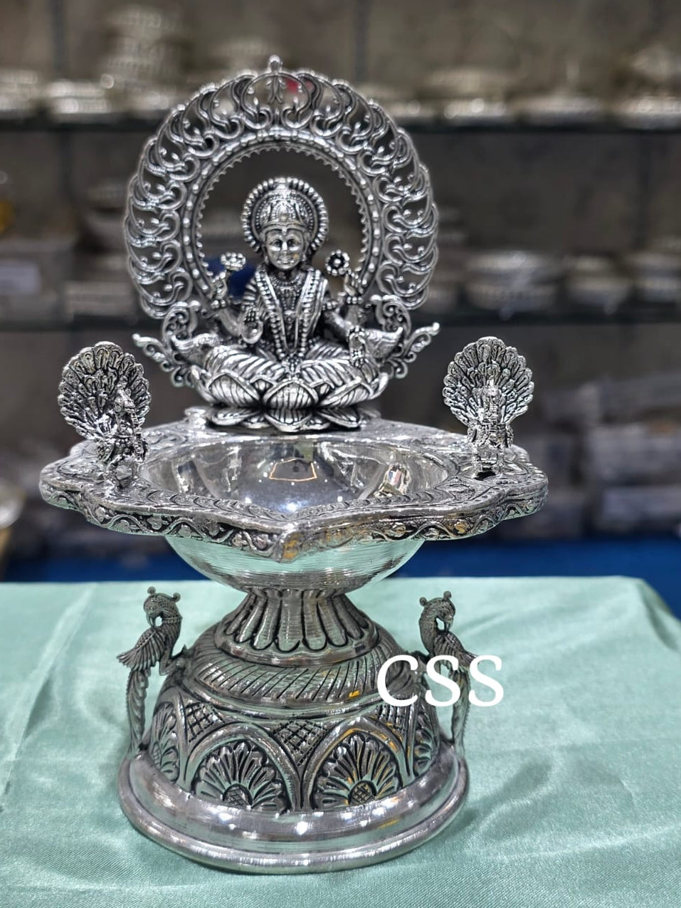 German Silver Lakshmi Diya with Peacock – 8" Big Size, Housewarming Pooja & Gift Item