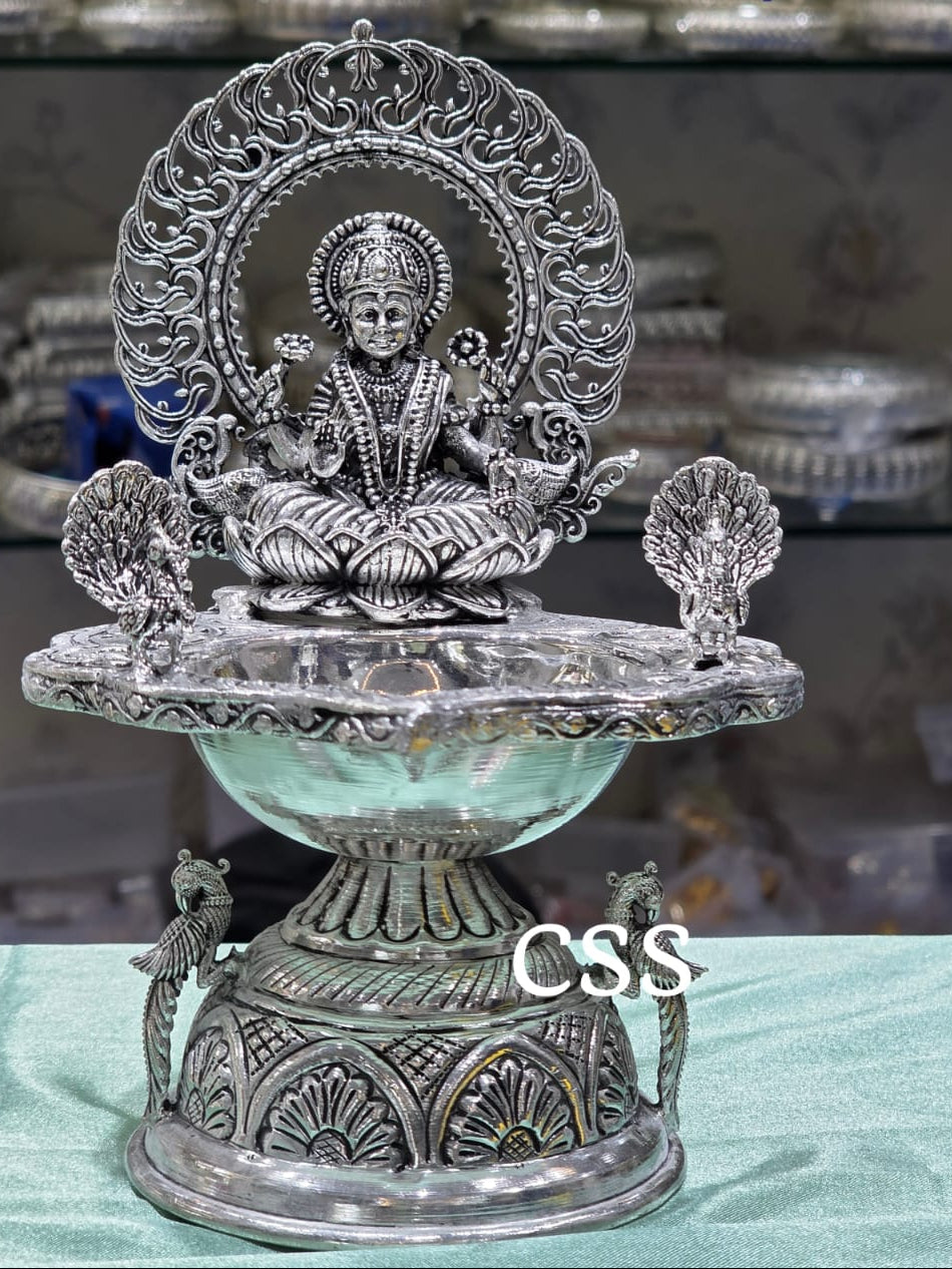 German Silver Lakshmi Diya with Peacock – 8" Big Size, Housewarming Pooja & Gift Item