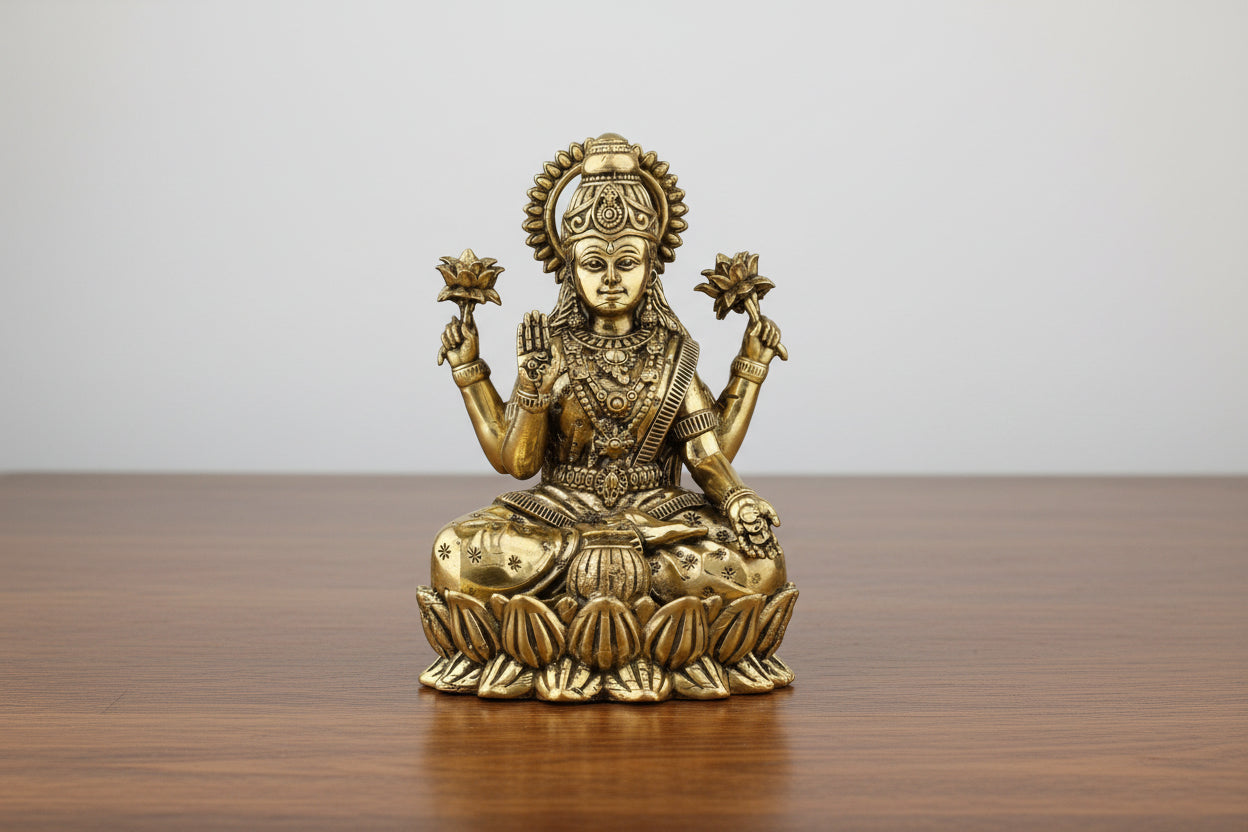 Brass Lakshmi Statue Sitting on Lotus – Divine Home Temple & Gift Item