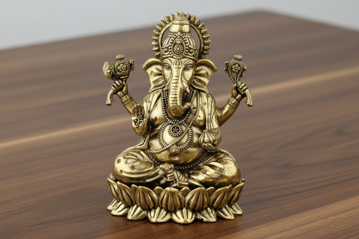 Brass Ganesh Statue Sitting on Lotus – Divine Home Temple & Gift Item