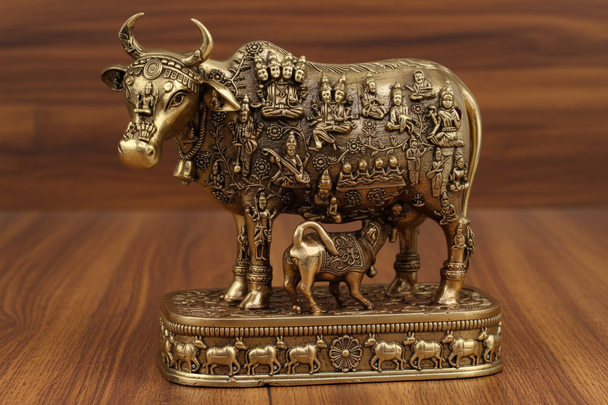 Brass Kamdhenu Cow with Calf – Detailed Work, Divine Home Décor & Gift Item
