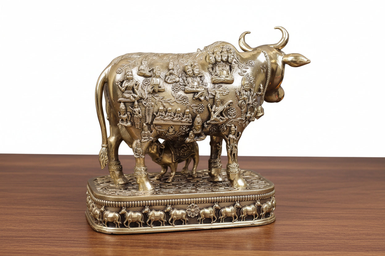 Brass Kamdhenu Cow with Calf – Detailed Work, Divine Home Décor & Gift Item