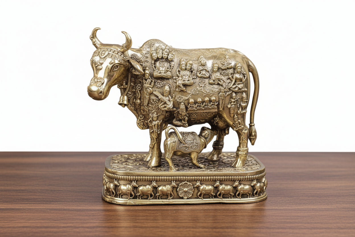 Brass Kamdhenu Cow with Calf – Detailed Work, Divine Home Décor & Gift Item