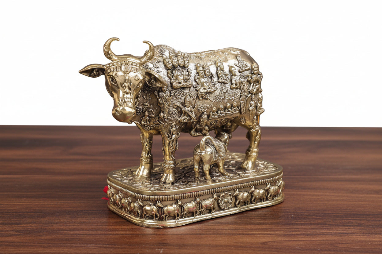 Brass Kamdhenu Cow with Calf – Detailed Work, Divine Home Décor & Gift Item