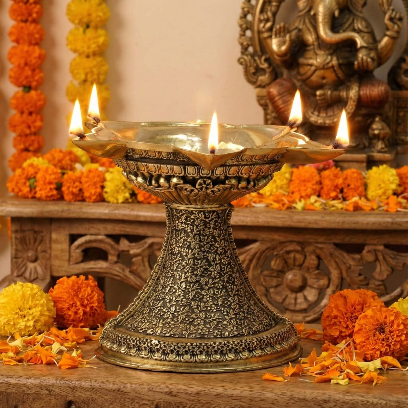Brass Fully Carved Panchmukhi Diya – Traditional Home Temple & Gift Item
