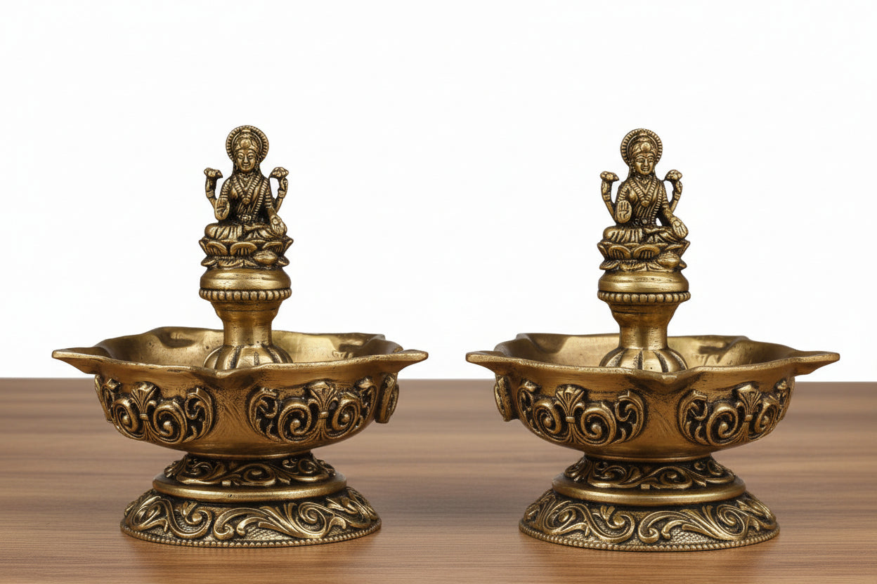 Brass Fully Carved Panchmukhi Lakshmi Diya pair set  – Traditional Home Temple & Gift Item