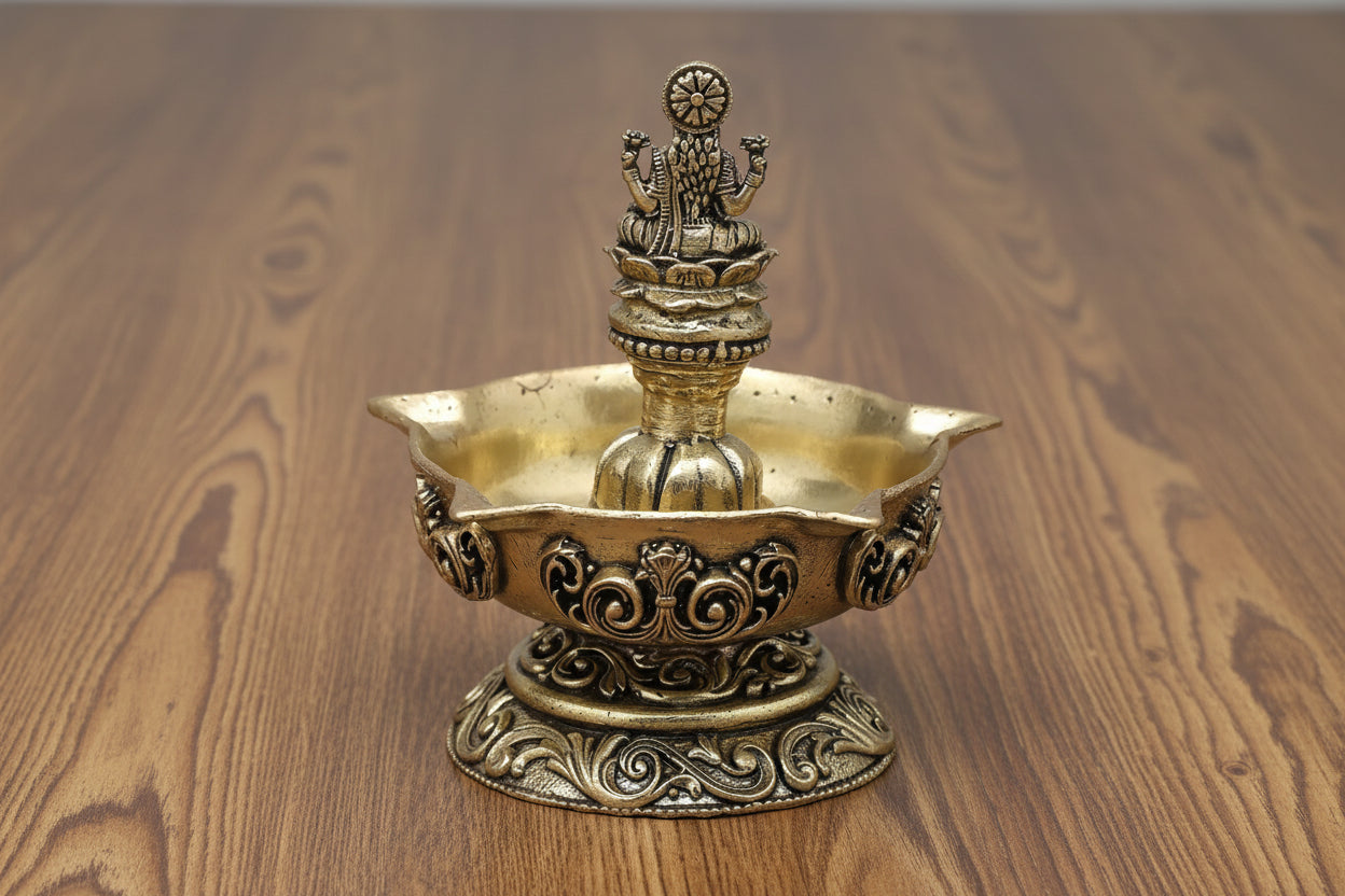 Brass Fully Carved Panchmukhi Lakshmi Diya pair set  – Traditional Home Temple & Gift Item