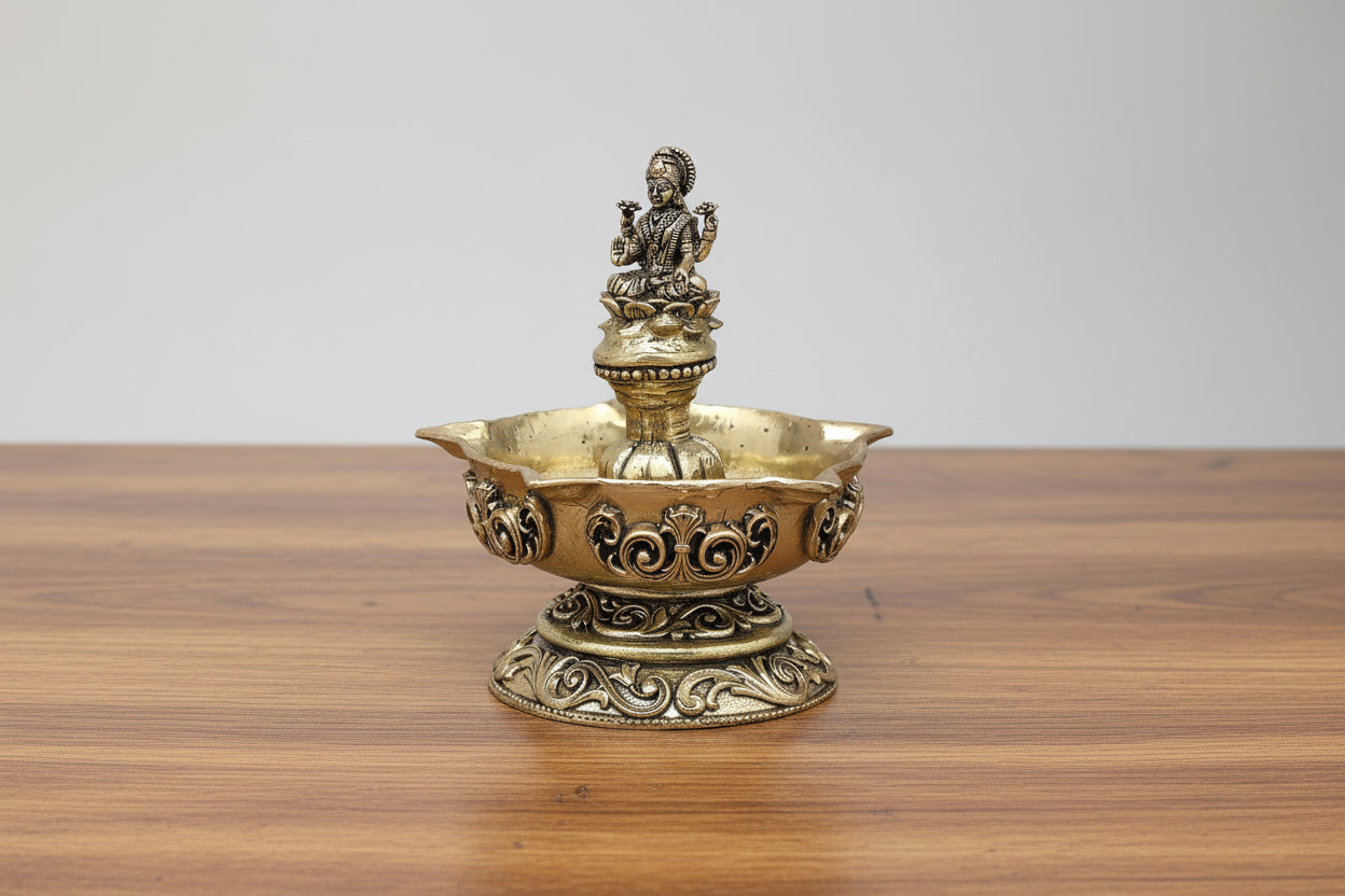 Brass Fully Carved Panchmukhi Lakshmi Diya pair set  – Traditional Home Temple & Gift Item
